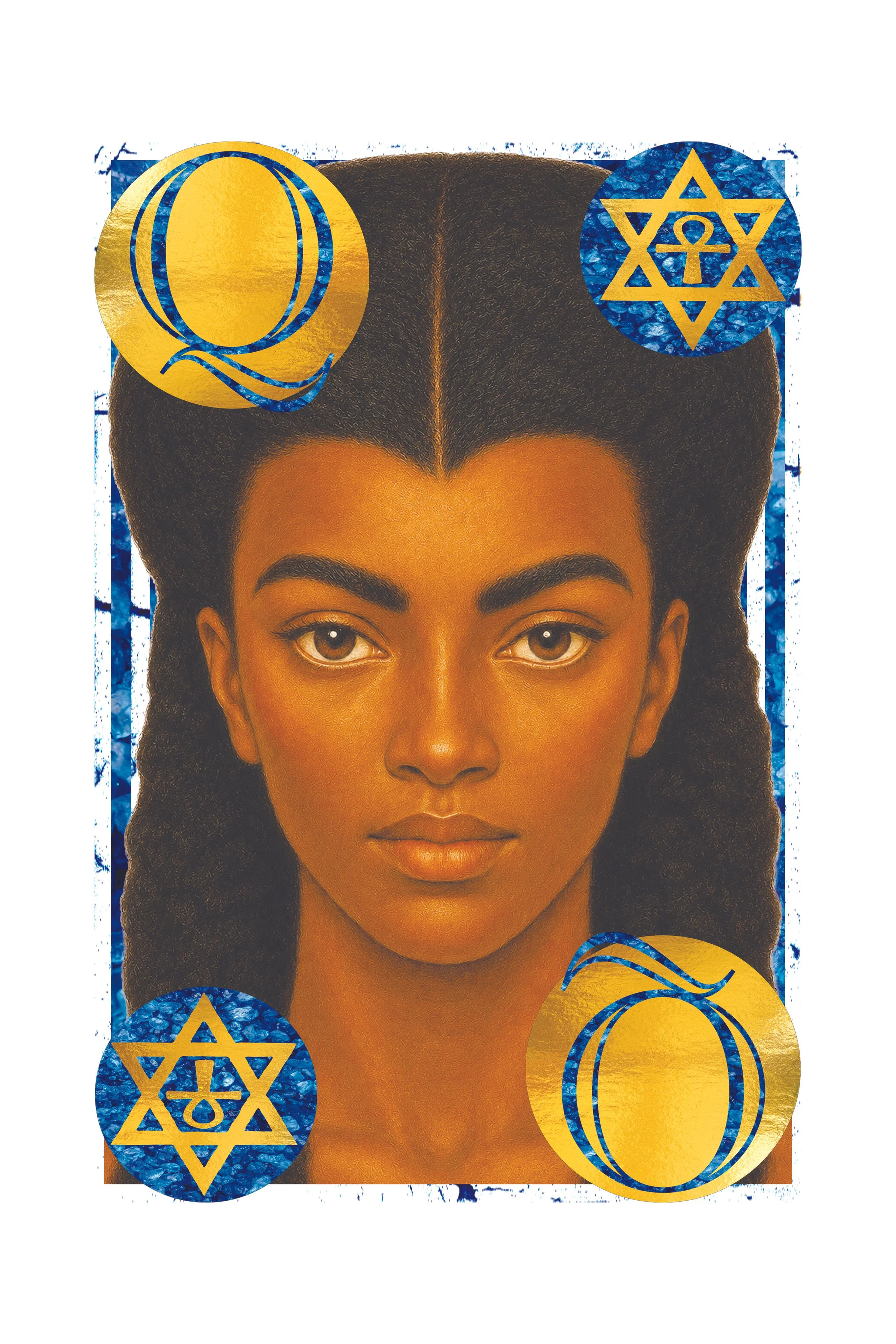 A woman's face with dark, textured hair styled up and to the sides, and adorned with decorative gold and blue circular symbols featuring stars, an omega symbol, and geometric patterns.