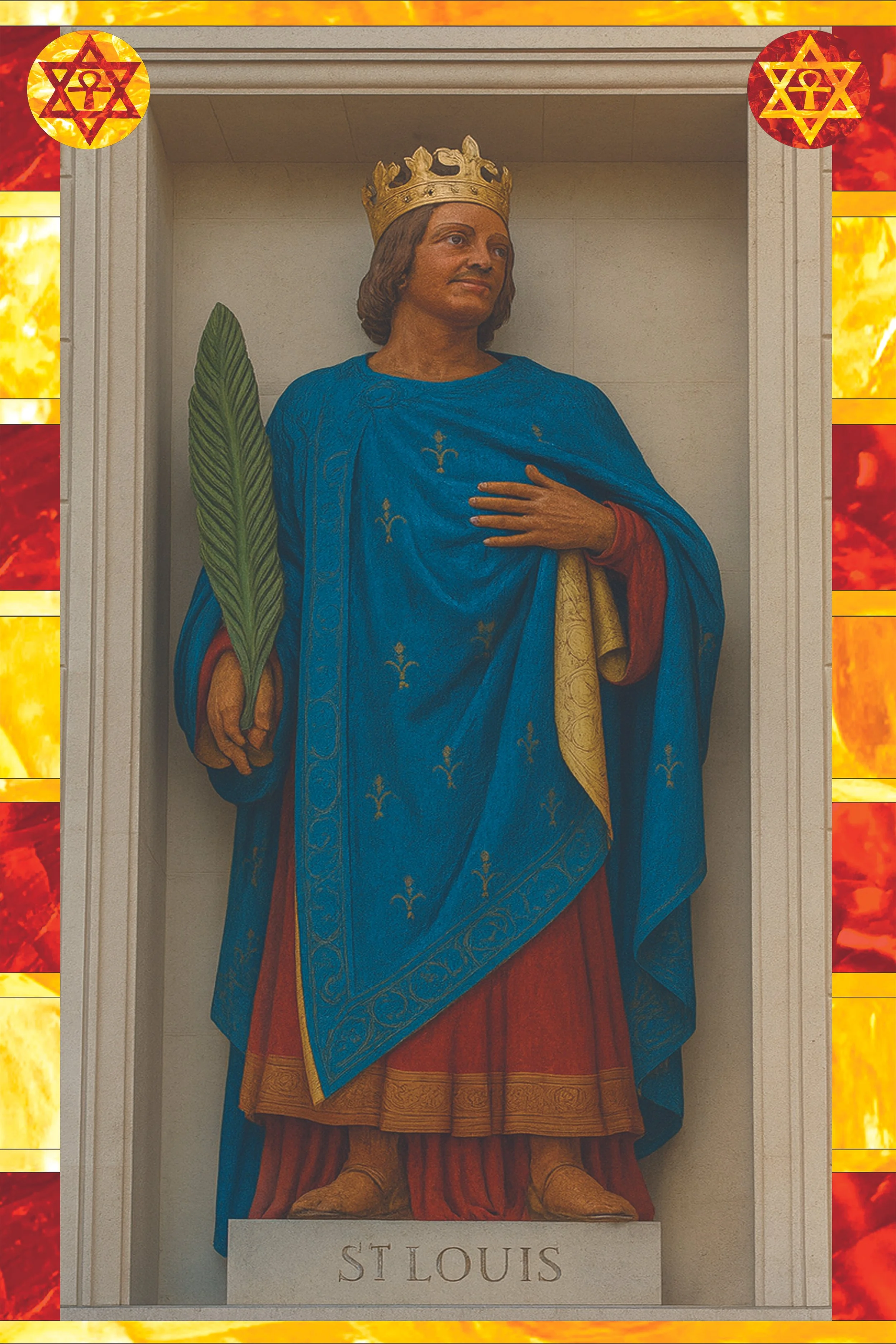 Statue of Saint Louis dressed in medieval royal attire, wearing a crown, holding a palm branch, and standing in a niche with a nameplate that reads "St Louis".