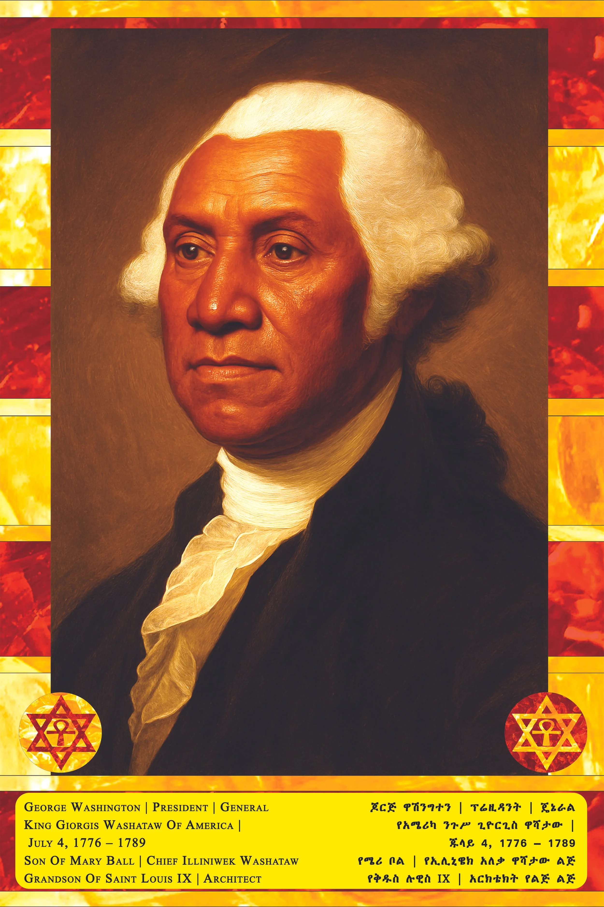 Portrait of George Washington, first President of the United States, with a black background. The image is framed with a border decorated with stars of David and Hebrew symbols, in shades of yellow, red, and orange. Text at the bottom provides biogra