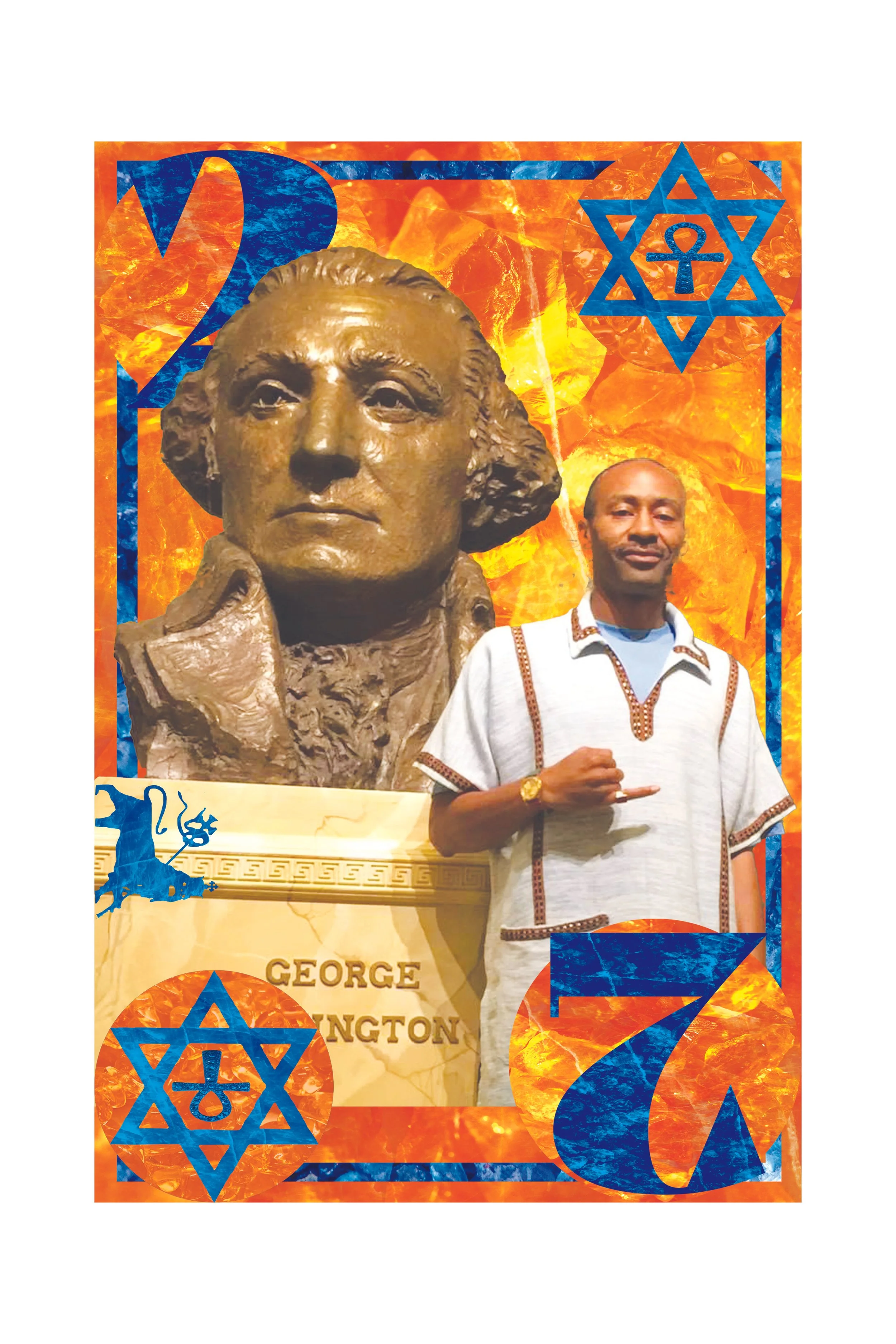 A collage featuring a bronze bust of George Washington, a man in traditional African attire, and decorative elements including blue and orange star of David symbols over a fiery background.