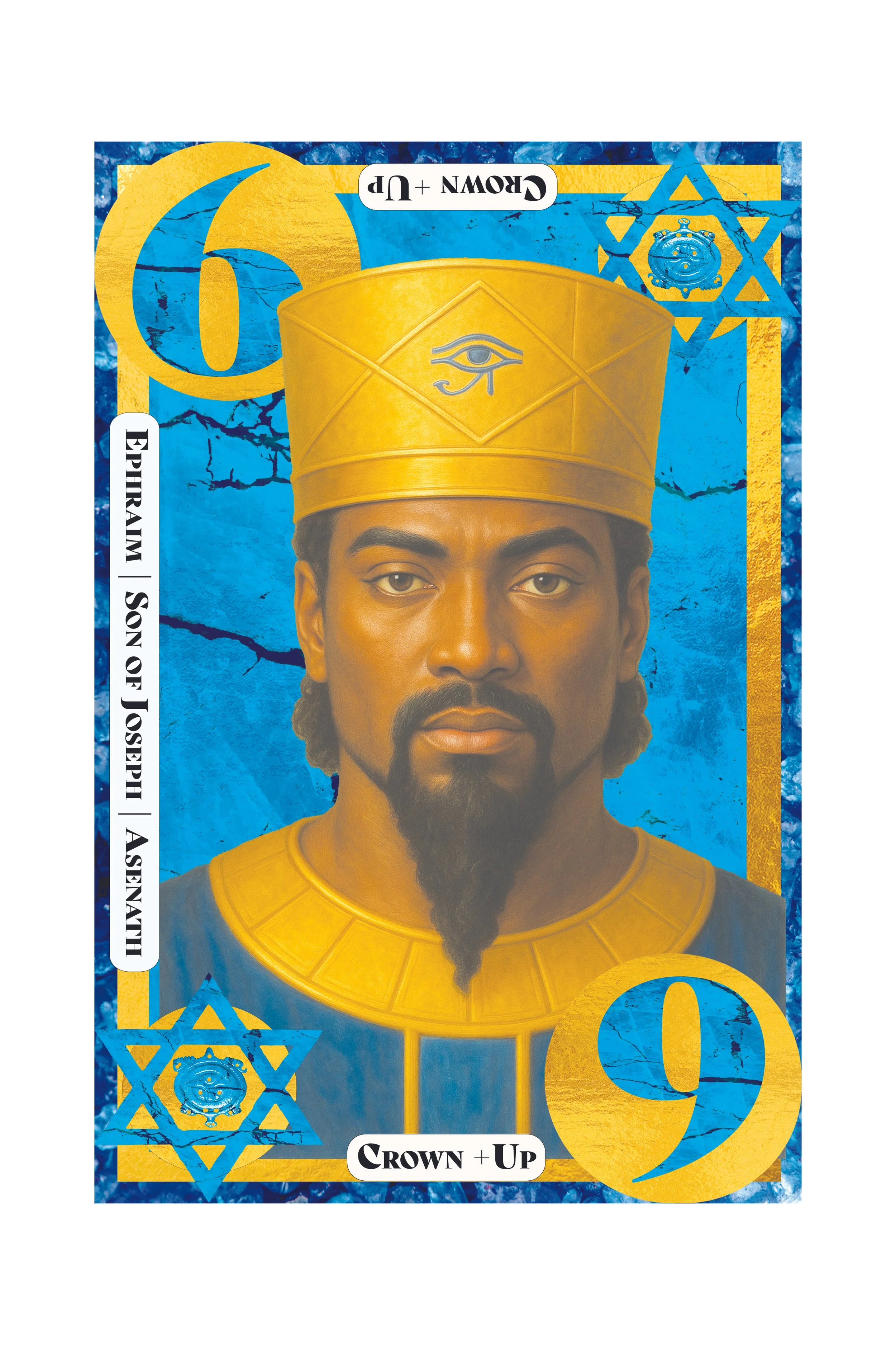 A card with a portrait of a man wearing a golden crown, with an eye symbol on the crown, against a blue background with yellow accents and symbols.