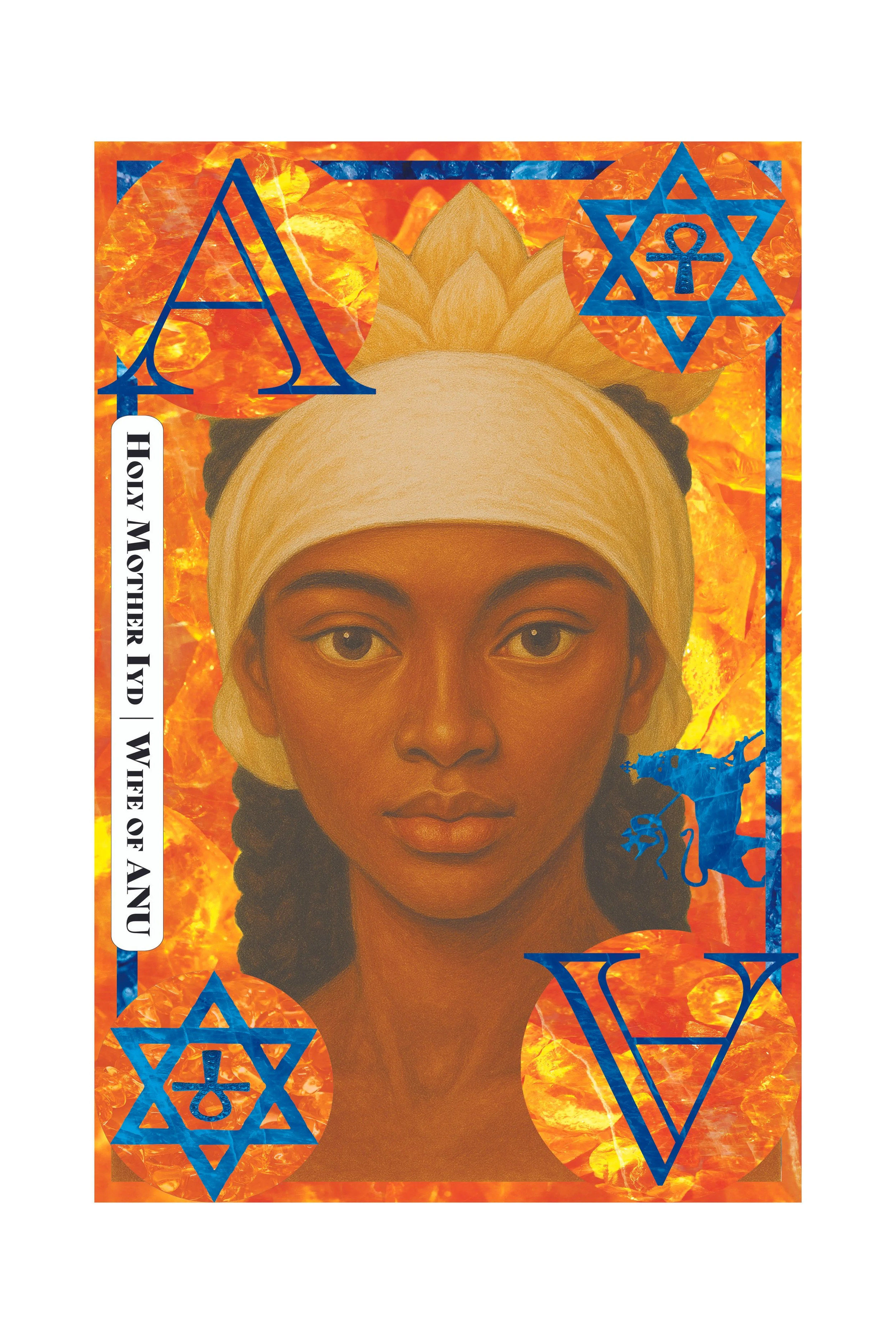 A portrait of a woman with dark skin and dark hair, wearing a beige headwrap, set against a fiery orange and yellow background with blue geometric symbols and text.