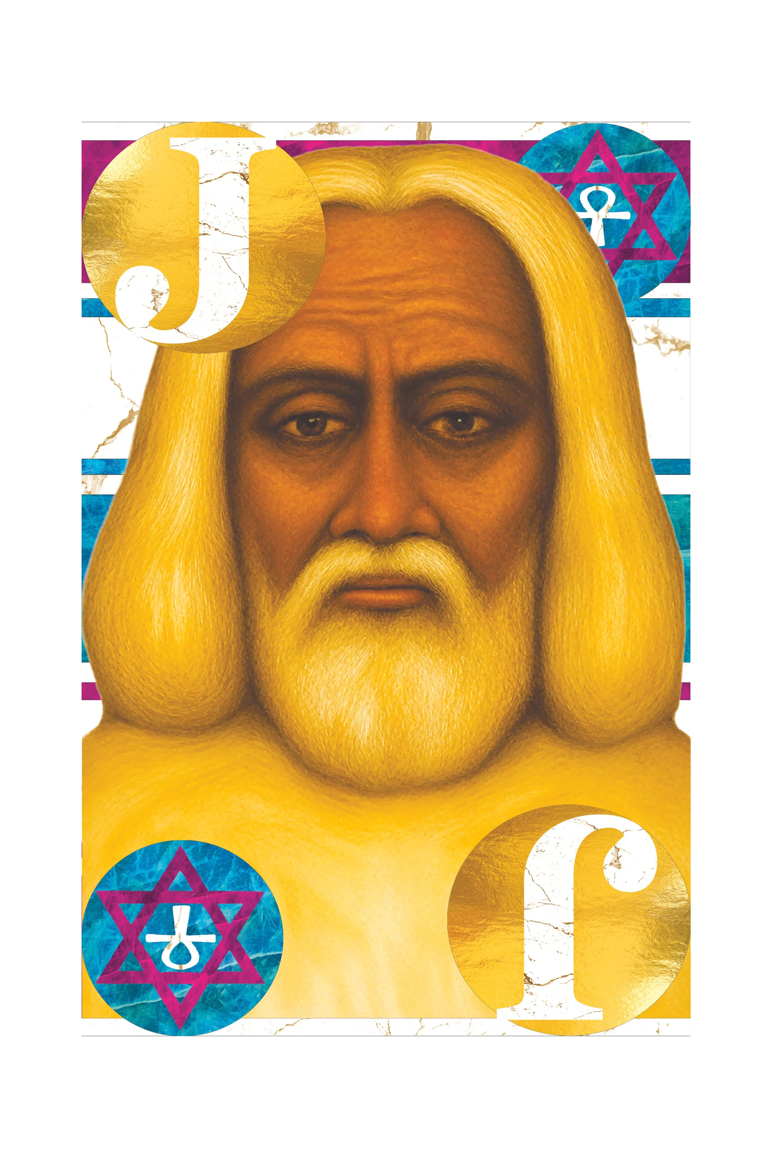 A person with long blonde hair and a white mustache, set against a colorful background with symbols, including a gold circle with a white letter 'J' and a blue circle with a pink star and white ankh symbol.