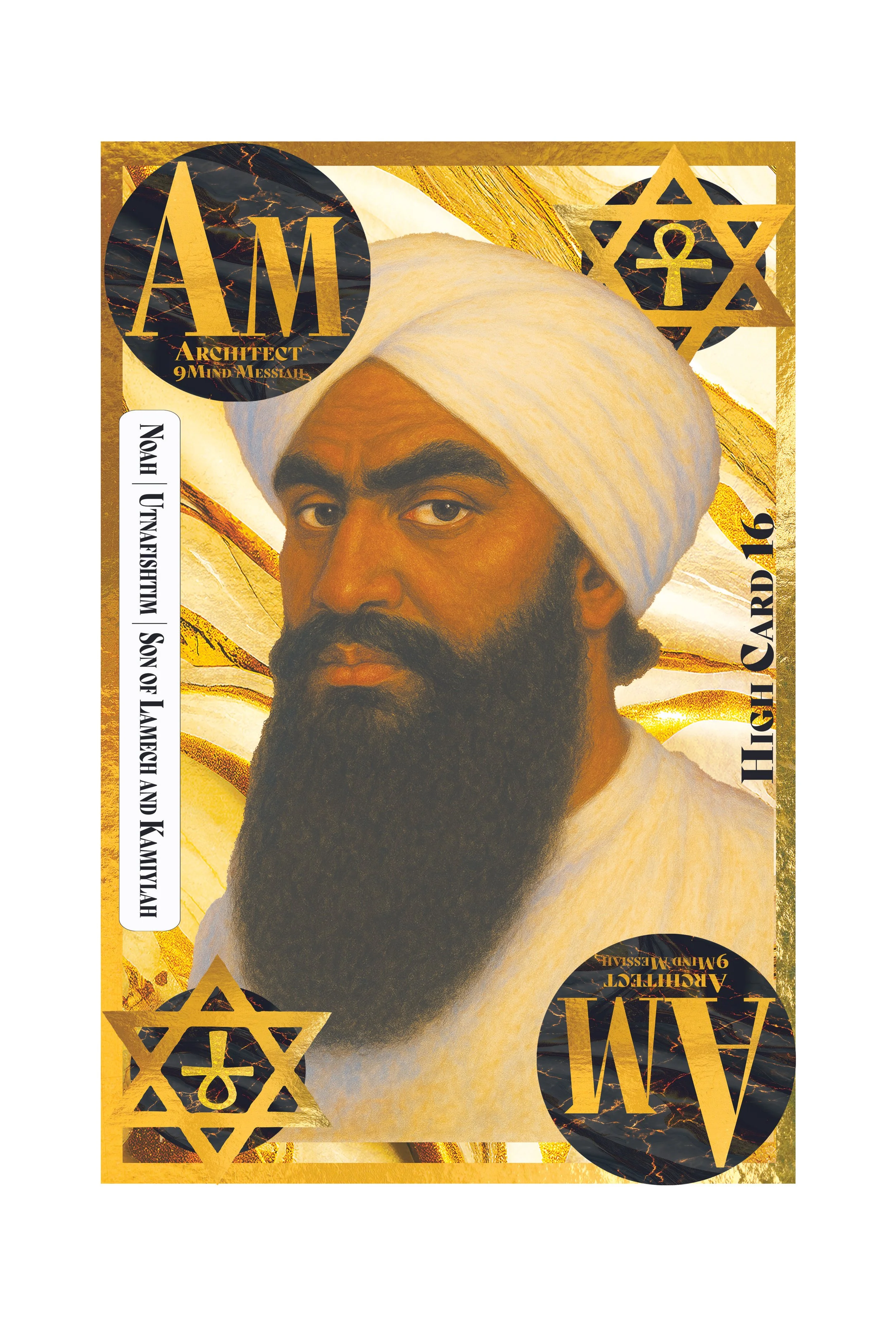 A portrait of a man with a beard and a white turban, set against a vibrant, decorated background featuring gold and black elements, including text and symbols.