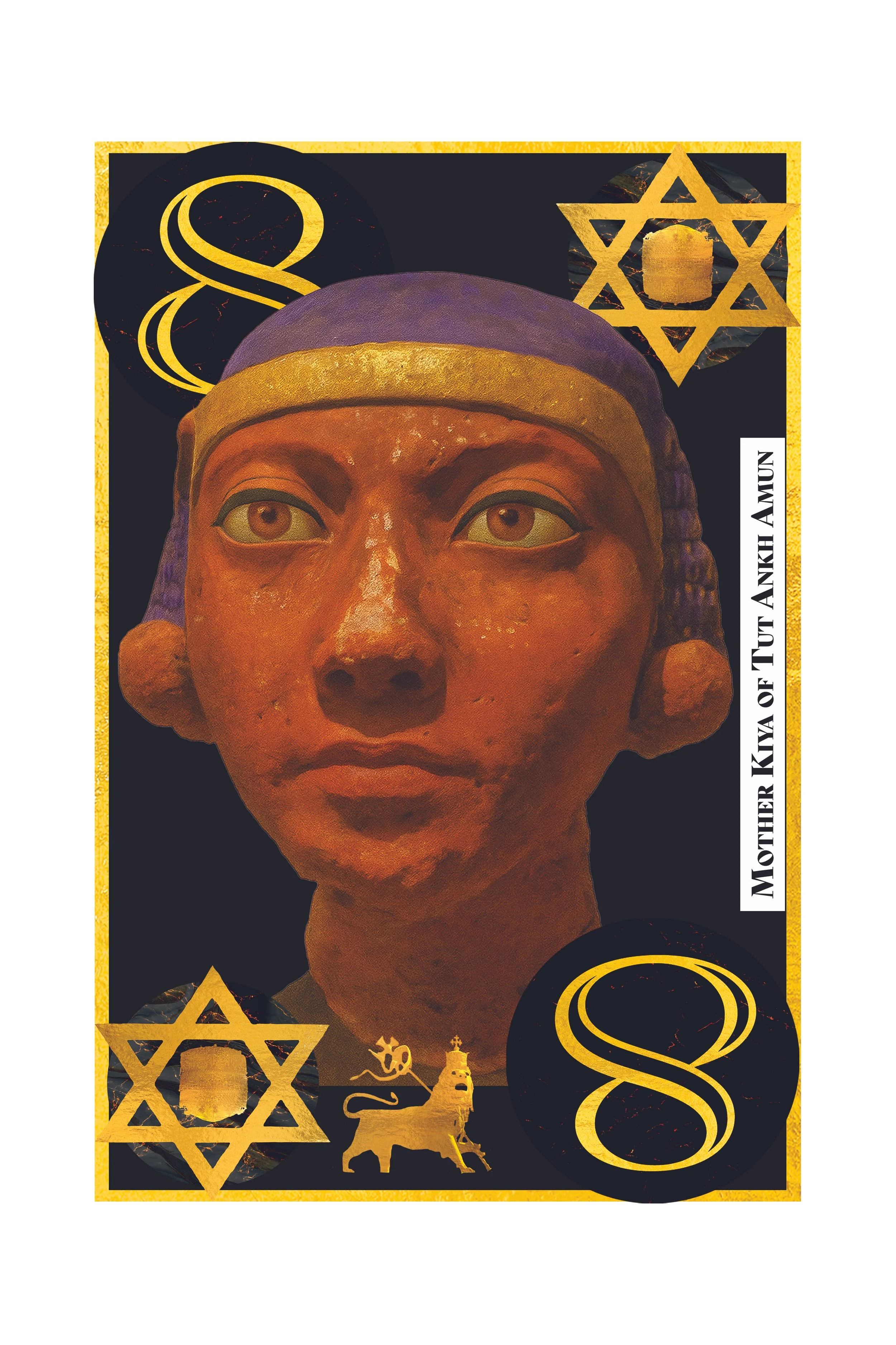 A tarot card depicting a woman with a serious expression, wearing a headdress, and surrounded by symbols of the Star of David, a candle, a rat, and a castle, with decorative gold accents.
