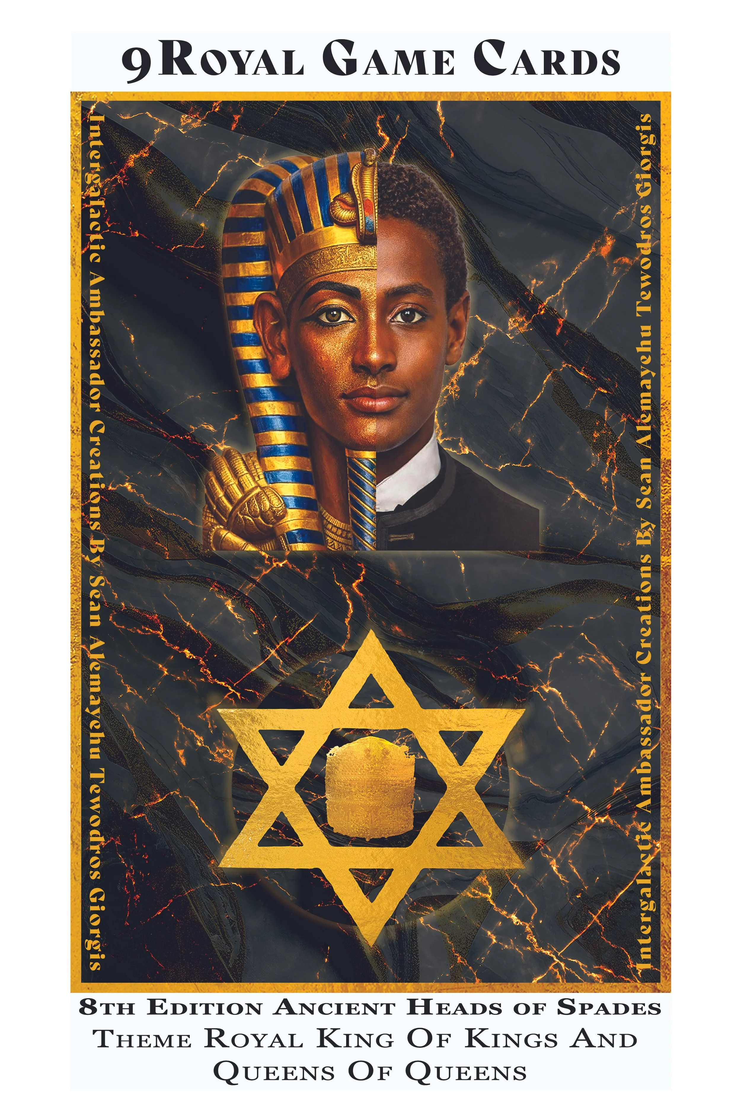 A deck of royal-themed playing cards featuring ancient head illustrations of kings and queens with a black marble and lightning background, titled '9 Royal Game Cards'.