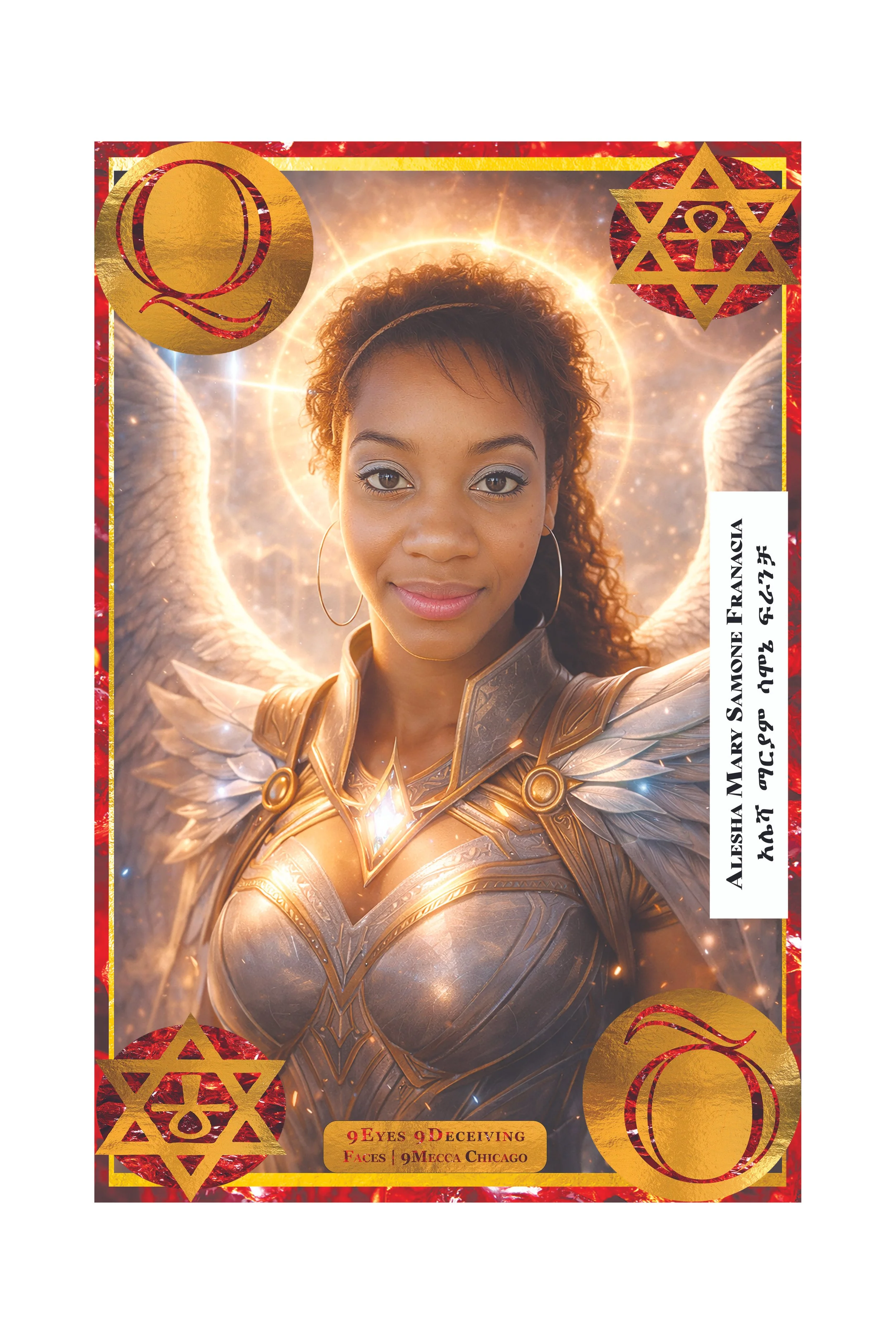 A woman dressed as an angel with curly hair, large hoop earrings, and armor-like outfit, with a glowing halo behind her head and angel wings. The background is fiery and glowing. Text on the right side reads 'Alesha Marie Samone Frangia'. Gold and re