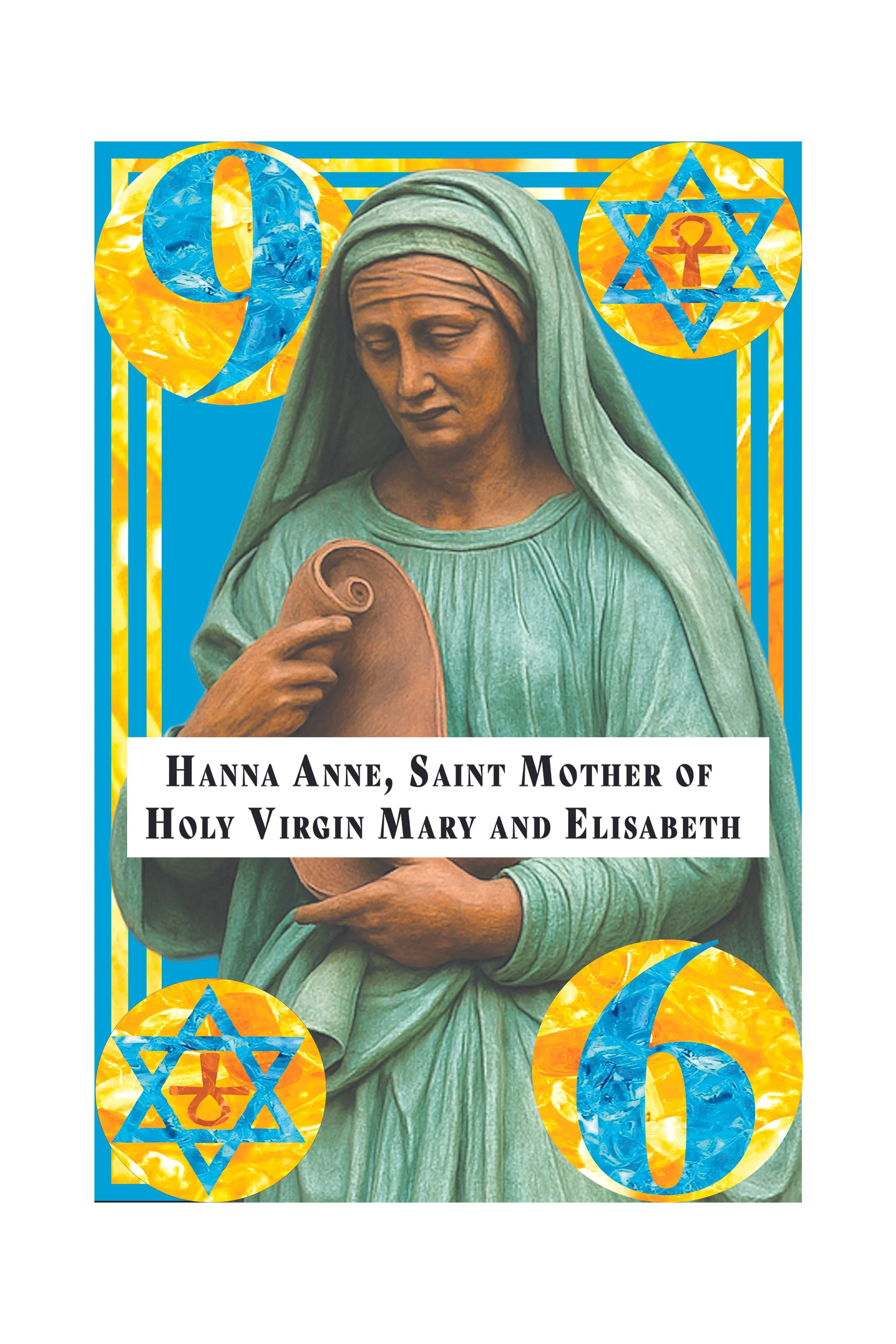 A religious icon of the Virgin Mary holding baby Jesus, surrounded by decorative elements including the number 0, 6 and Star of David with a menorah symbol inside, in vibrant colors.