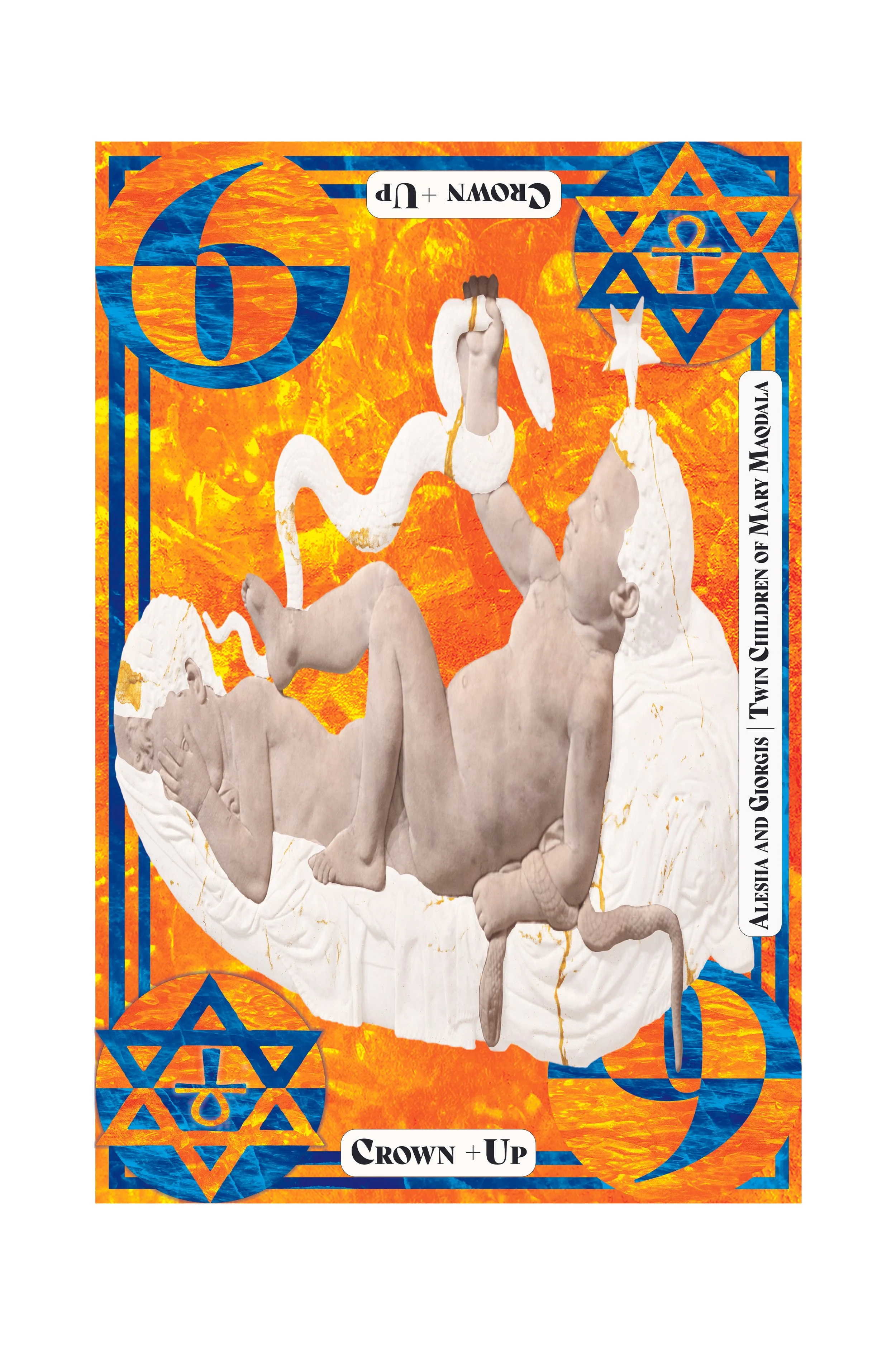 A collage of scanned images and artwork with a background of orange and yellow textured abstract art. Contains elements from the song cover titled 'Crown + Up' featuring AIESHA and GROWN UP, with geometric star symbols and a collage of black-and-whit