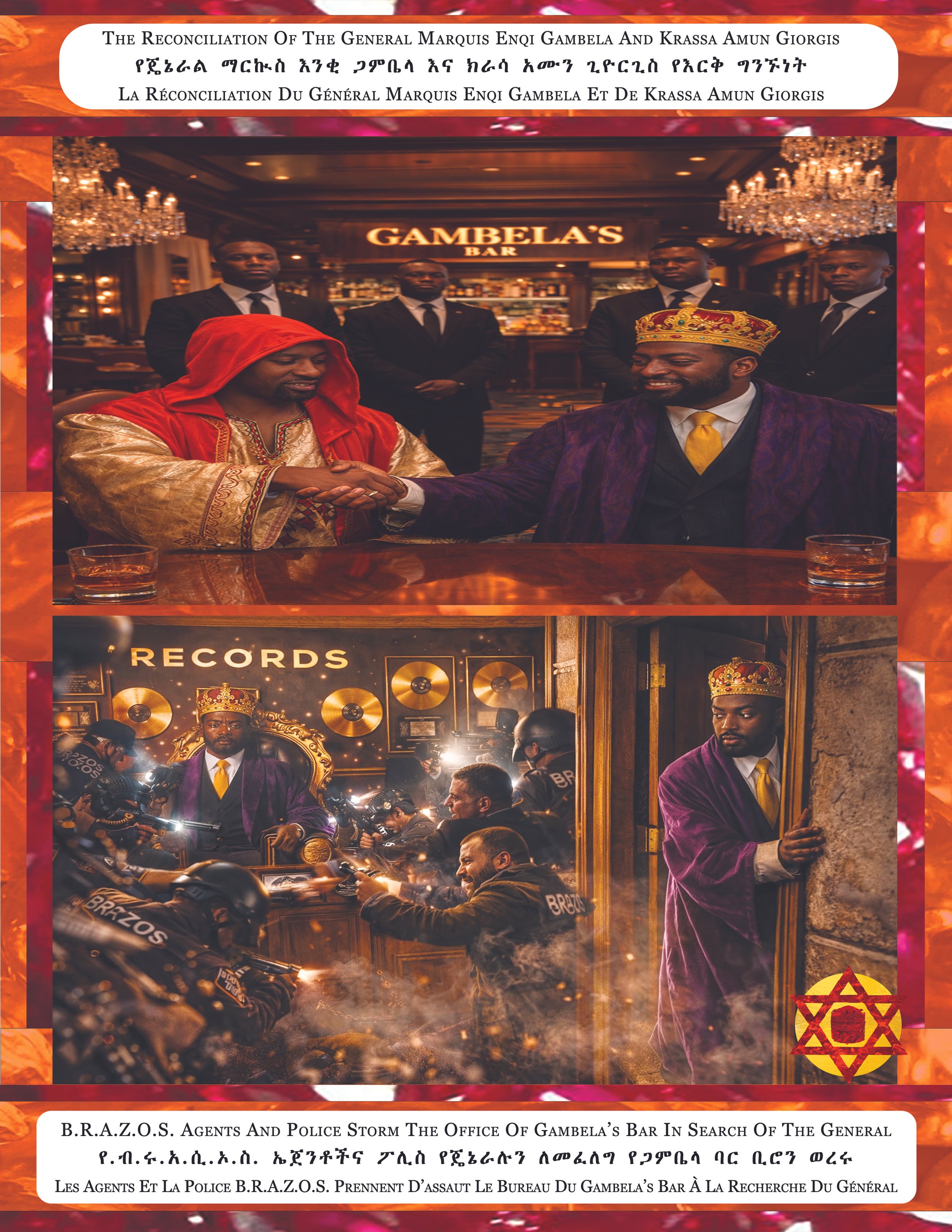 Cover of a magazine article showing a meeting of Ethiopian figures, including royalty, in a luxurious setting with a bar in the background. Police officers and security personnel are present, and there is a scene of a confrontation involving police a