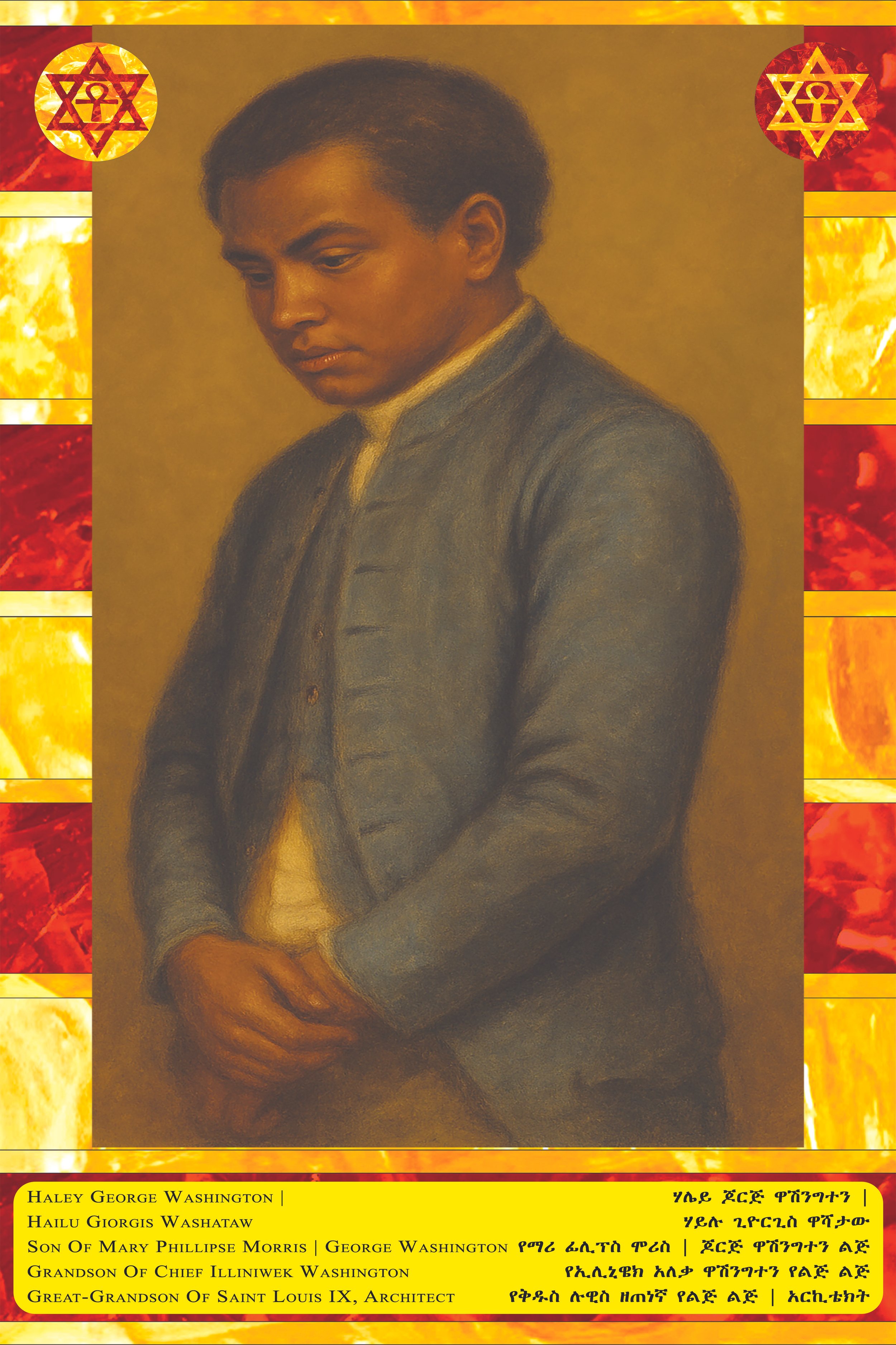 A portrait of a young man with dark hair, wearing a gray coat and white shirt, looking down. The image has a red and yellow decorative border with symbols and text in English and another language.