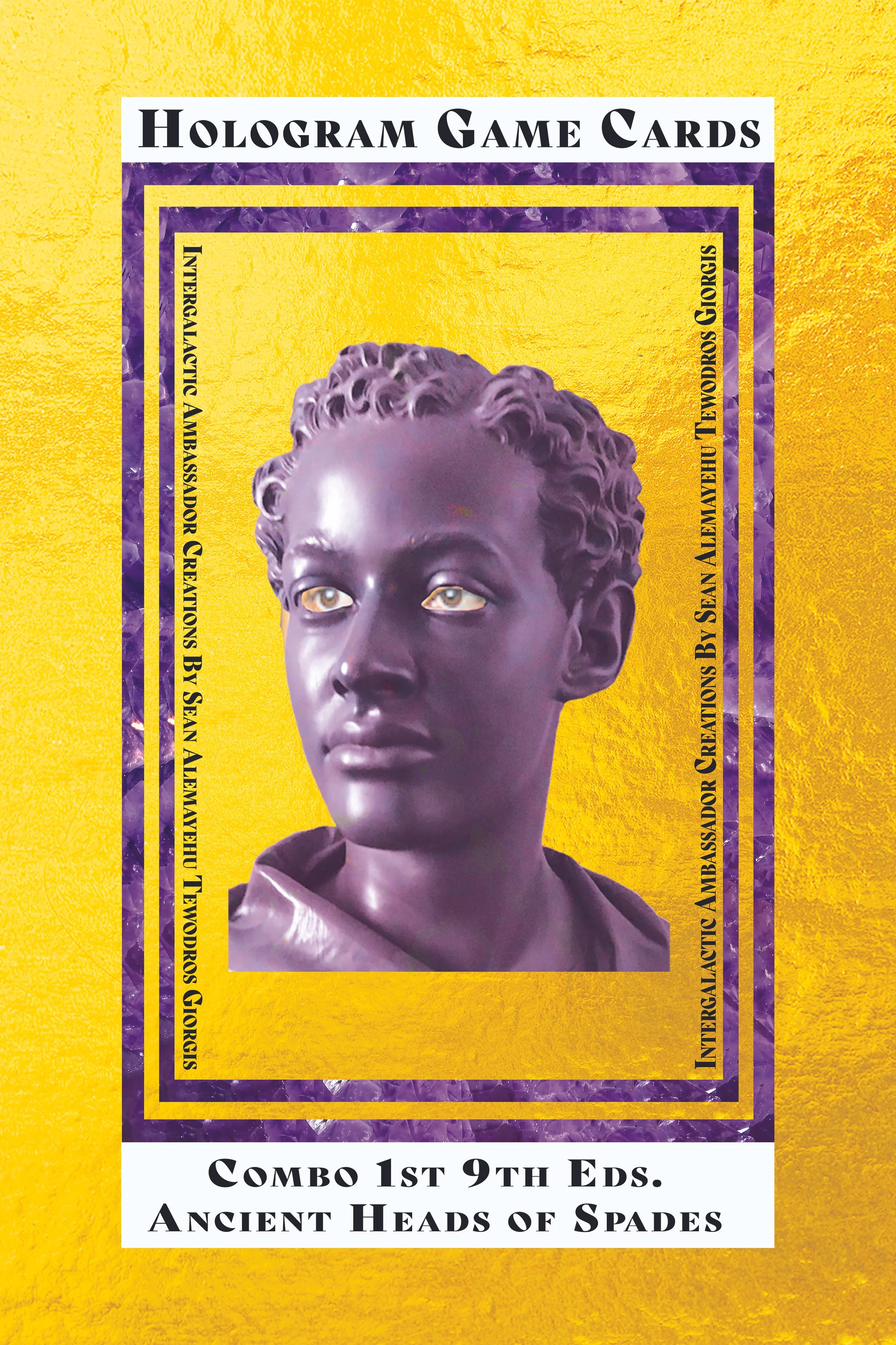 A deck of hologram game cards titled 'Hologram Game Cards' with a purple statue of a woman's head on a yellow background, featuring black and white text describing the game and its creators.