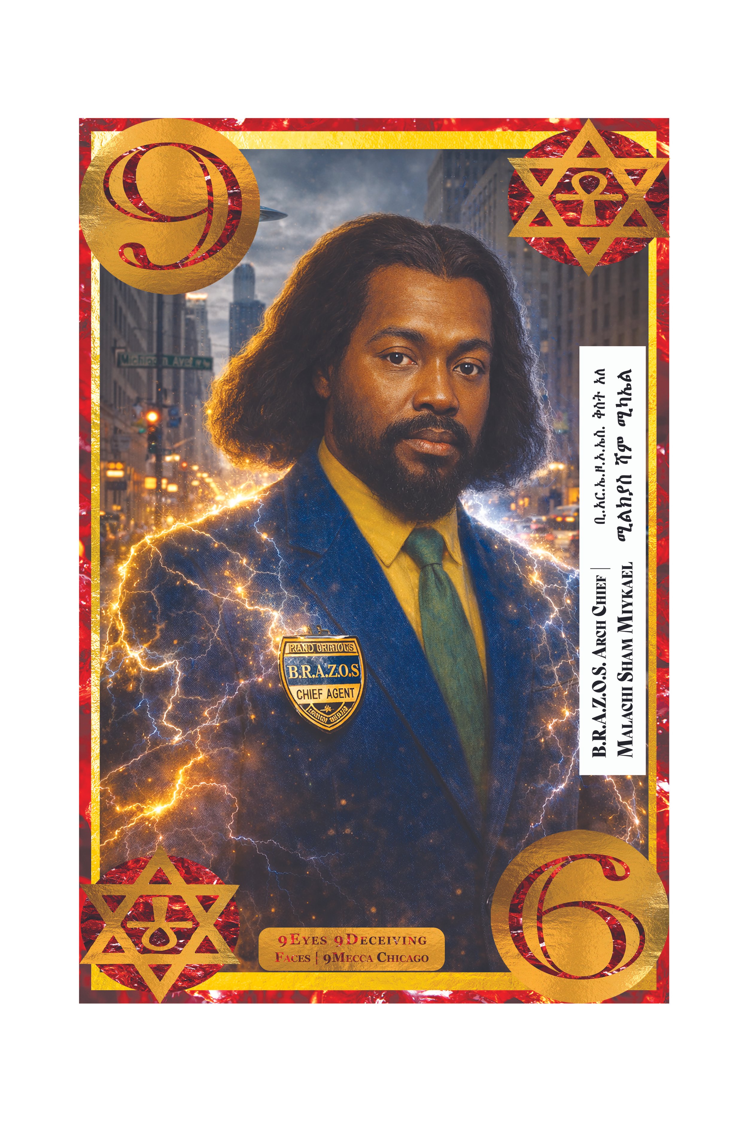 A fictional trading card featuring a man with long hair and a beard, wearing a suit with a badge that reads 'B.R.A.Z.O.S Chief Agent.' The background shows a cityscape with lightning and a flying saucer, and there are decorative elements including go