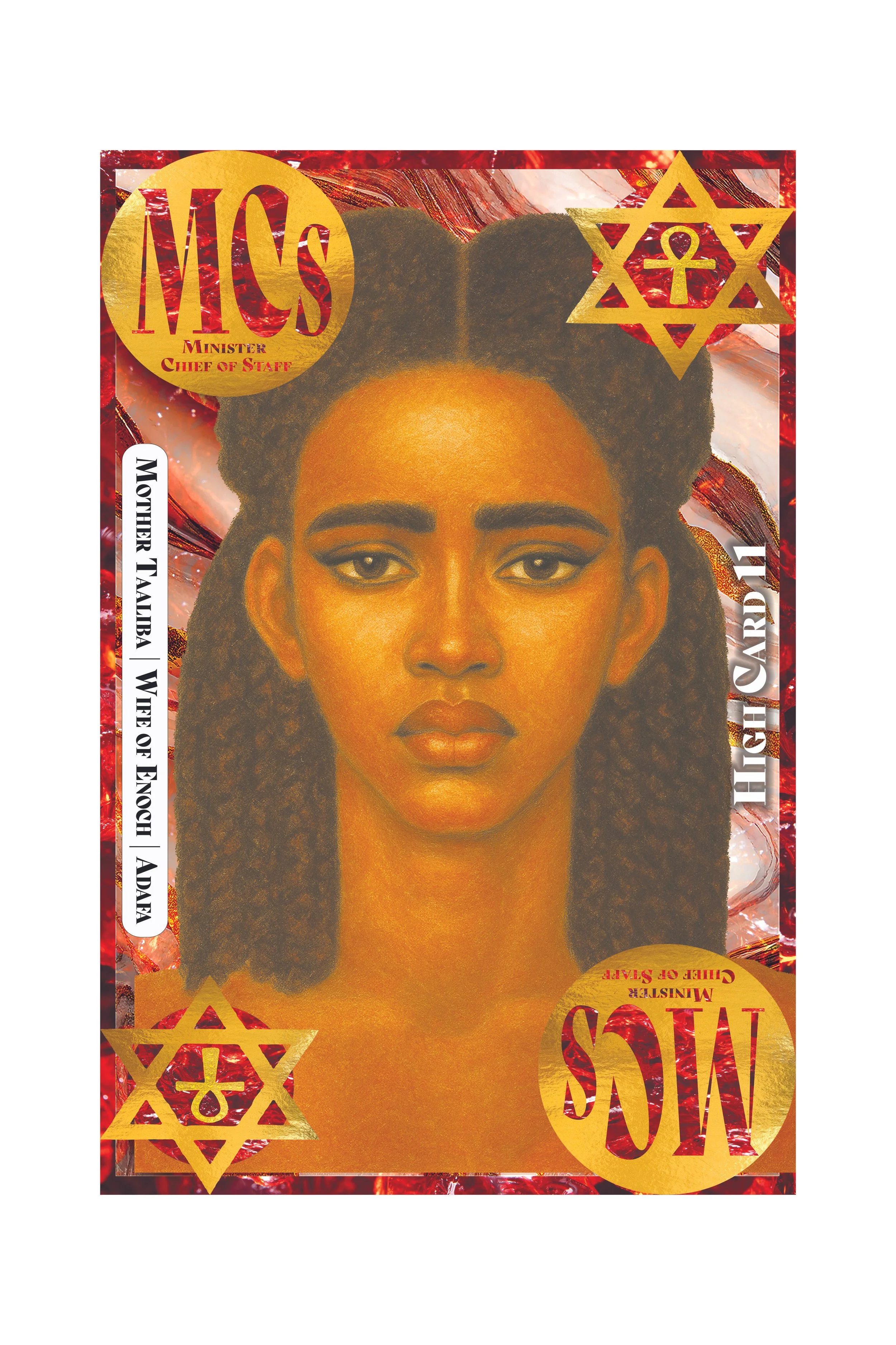 Front of a flyer or poster featuring a portrait of a woman with dark hair styled in puffs, gold and red Christian and Jewish symbols, and text including 'Minister Chief of Staff' and 'Mother Taaliba', with a red and gold color theme.