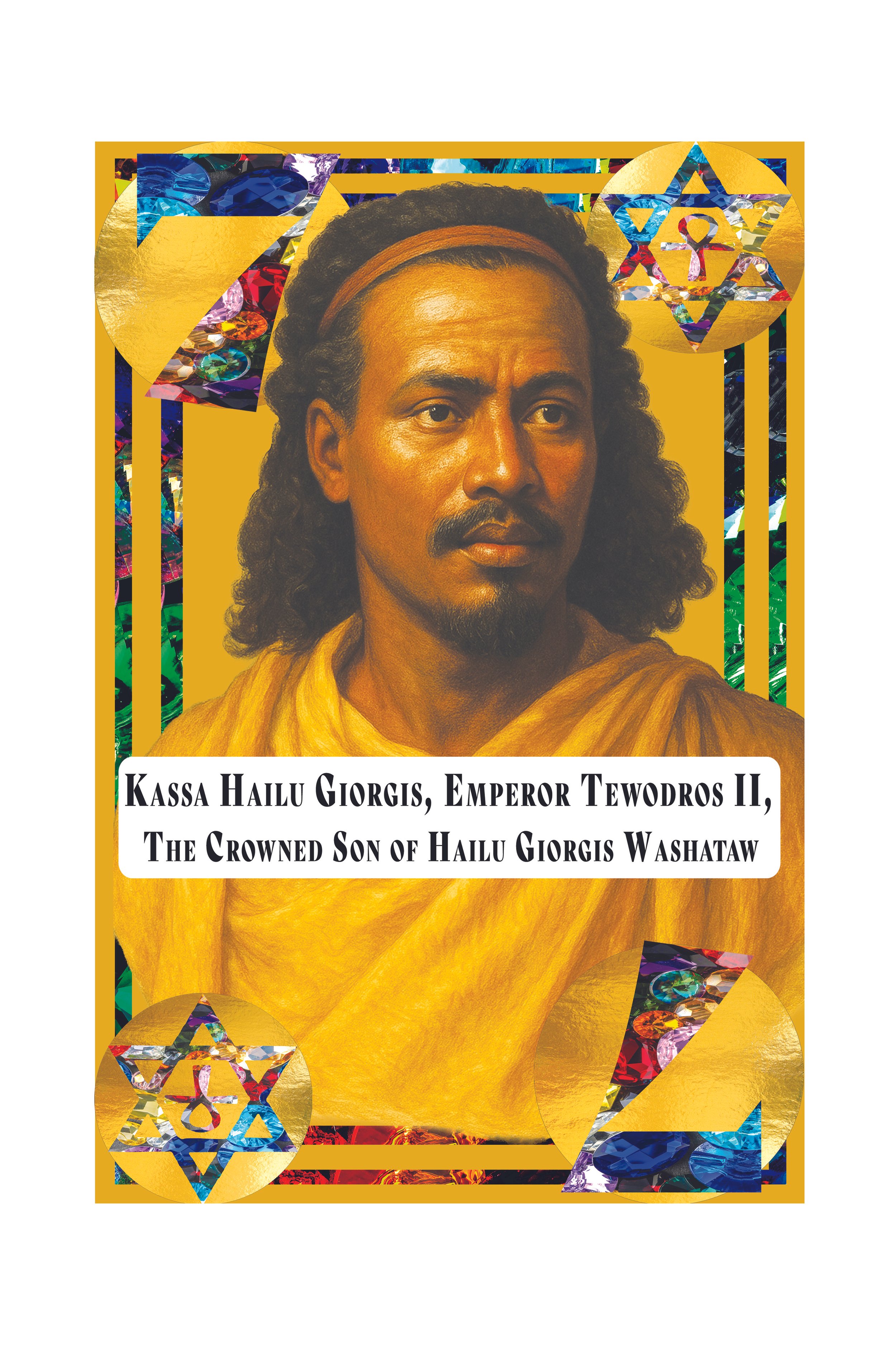 Portrait of a man with curly hair, wearing a yellow robe, framed by a gold border with colorful geometric and gemstone patterns.