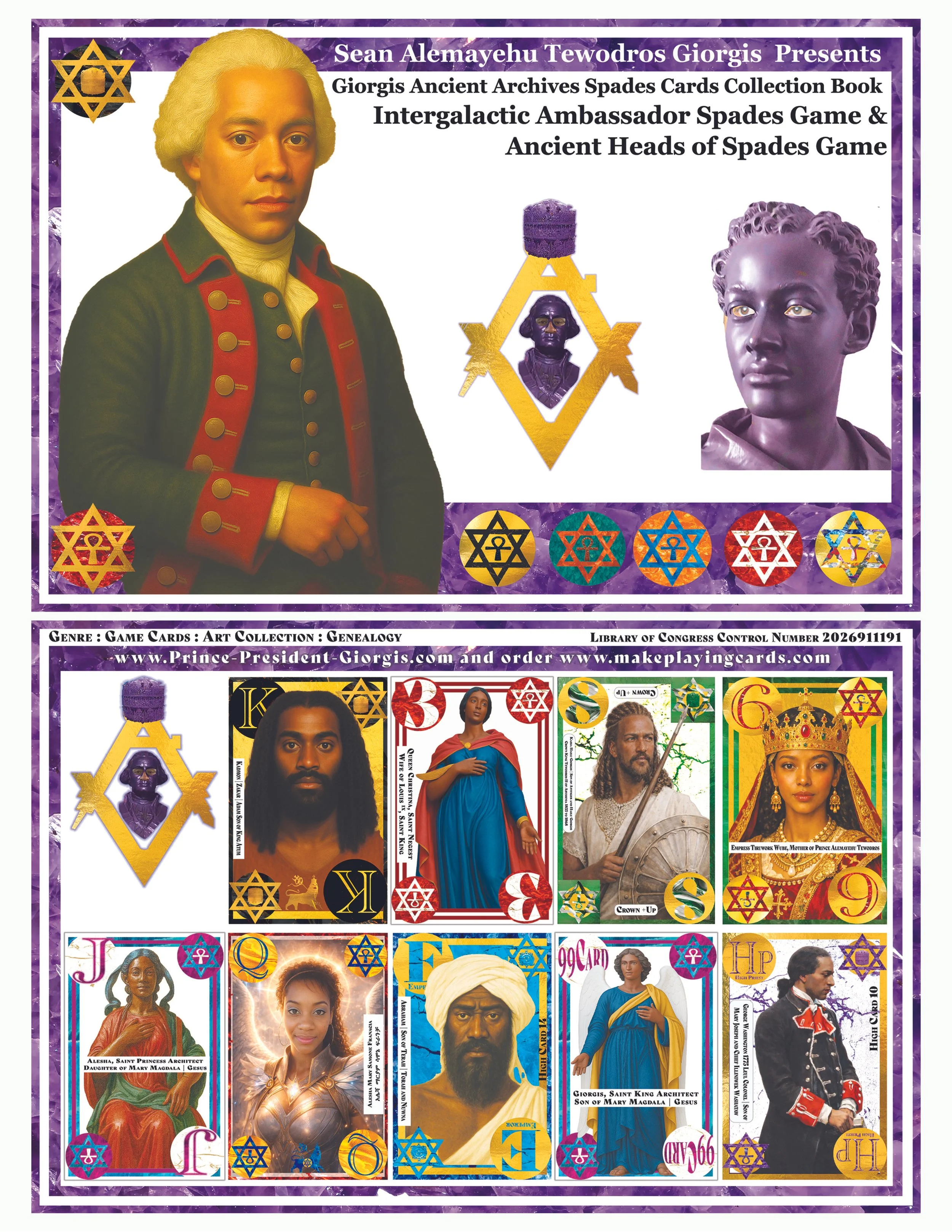 A collage of various Gothic-style playing cards featuring historical figures, saints, rulers, and religious icons, with colorful border decorations and a purple background.