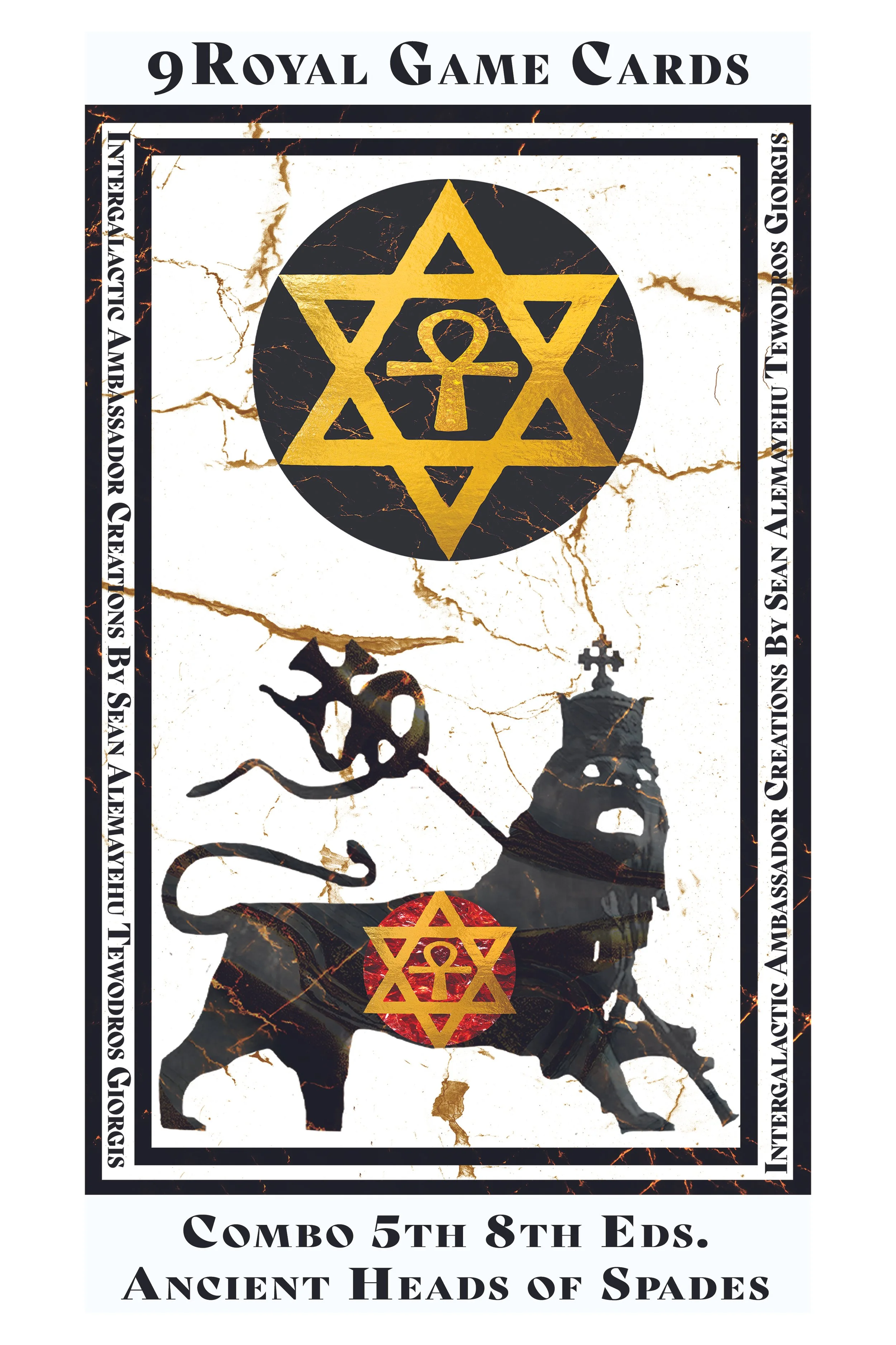 A promotional poster for a set of 9 royal game cards, featuring a figure with a crown and staff holding a card with a pentagram and a red symbol, and symbols related to the game, with text about the contents and creators.