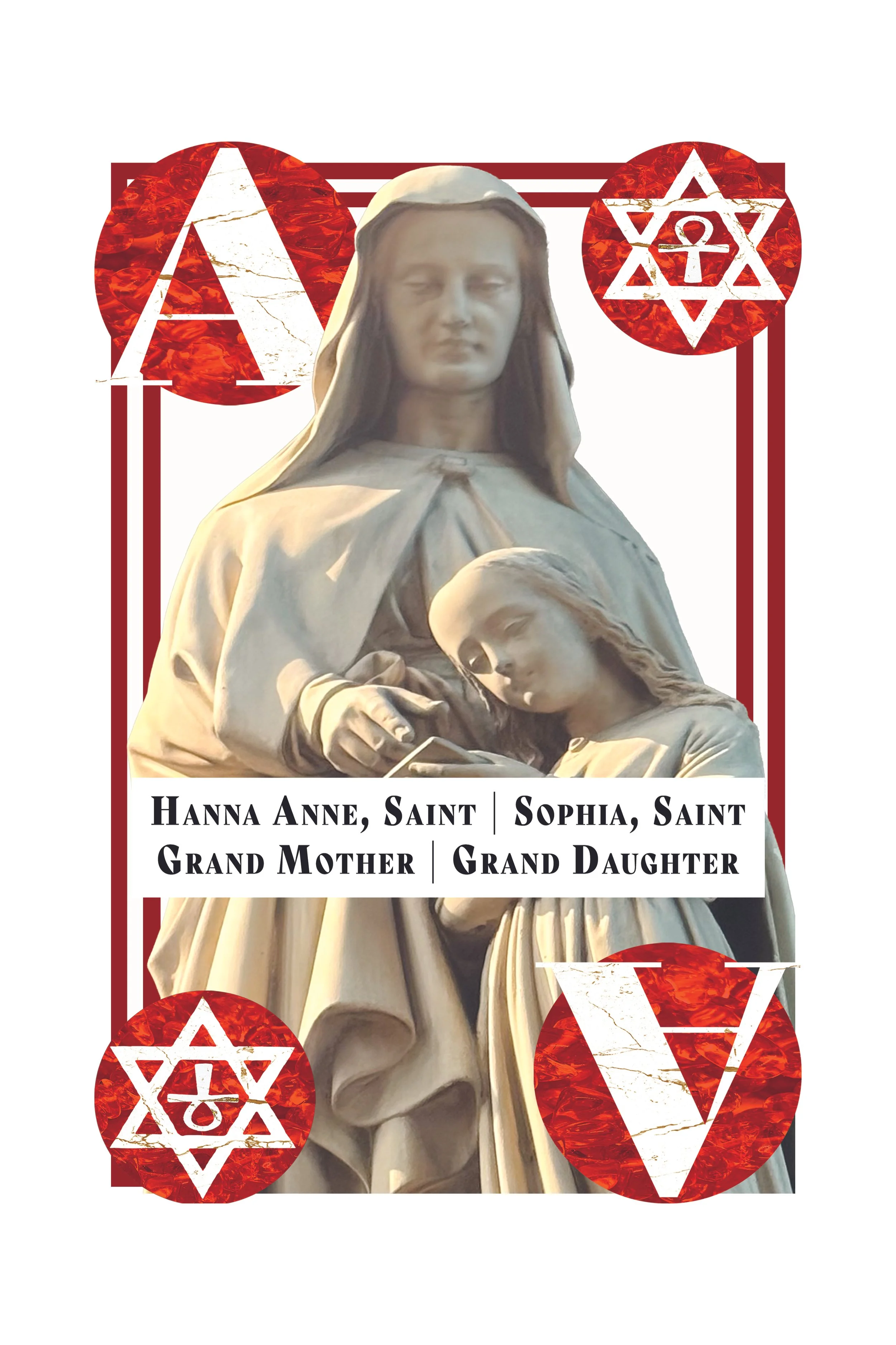 A statue of Saint Hanna Anne holding Saint Sophia, with decorative red circles and symbols in the background, and text identifying her as the grand mother and grand daughter.