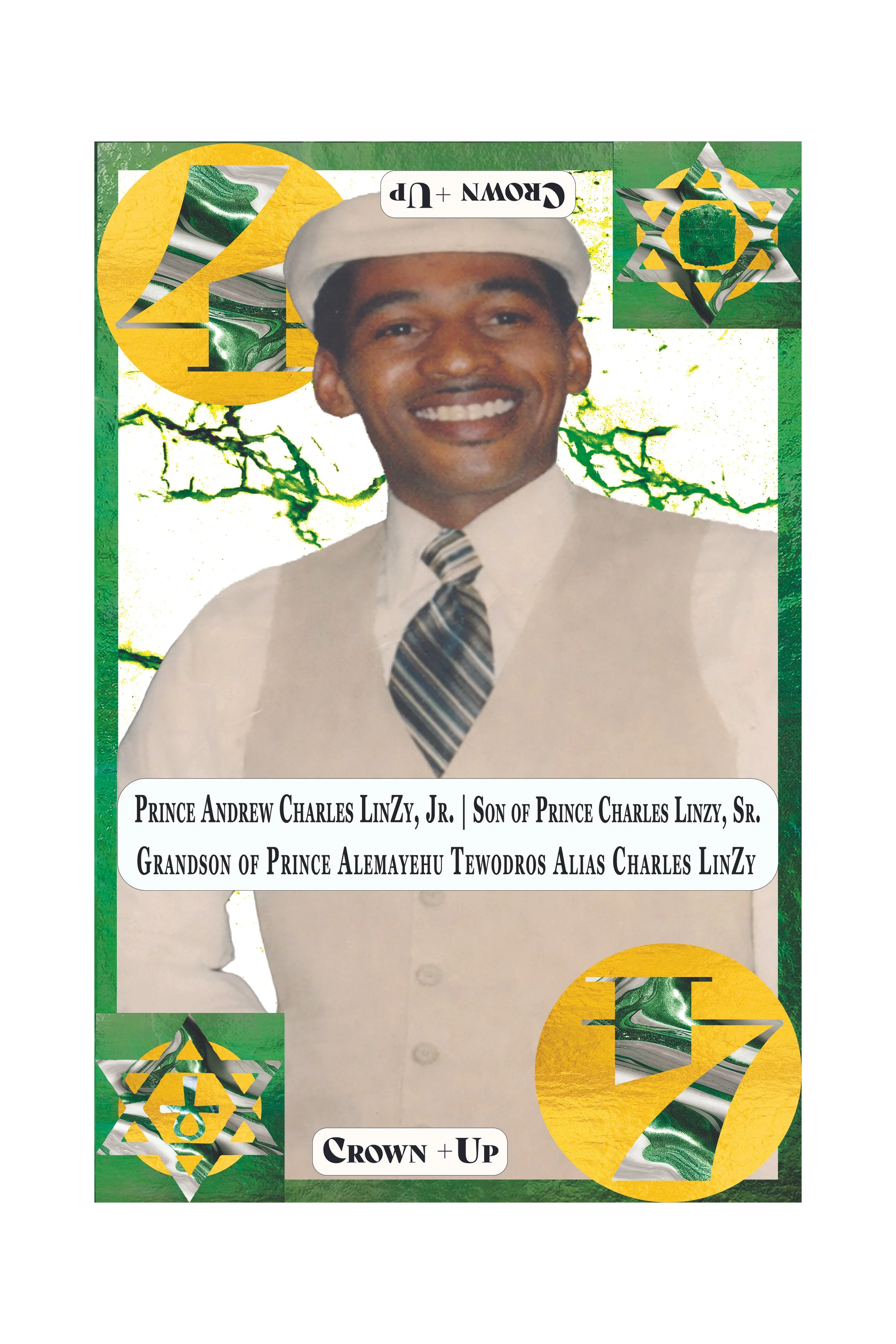 A vintage-style photo of a young man smiling in formal attire, wearing a white suit, striped tie, and white hat, with decorative green and gold graphic elements and text referencing his title and family lineage.