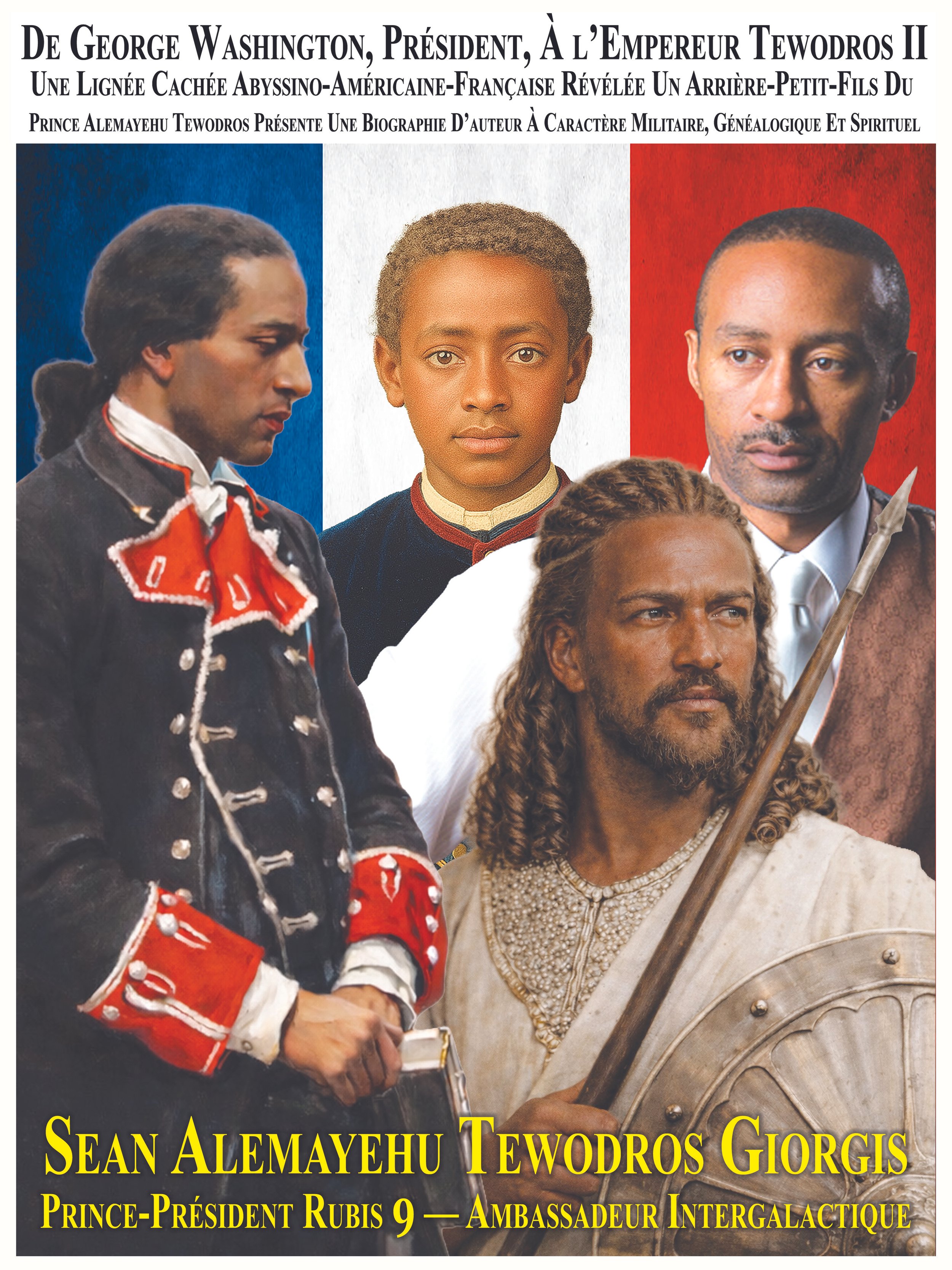 Historical photo of a man dressed in a U.S. Civil War-era uniform with a blue background on the left, a young woman with natural hair and plain clothing in the center, and a man with dark skin and a beard in a modern suit with a red background on the right, overlaid with French text