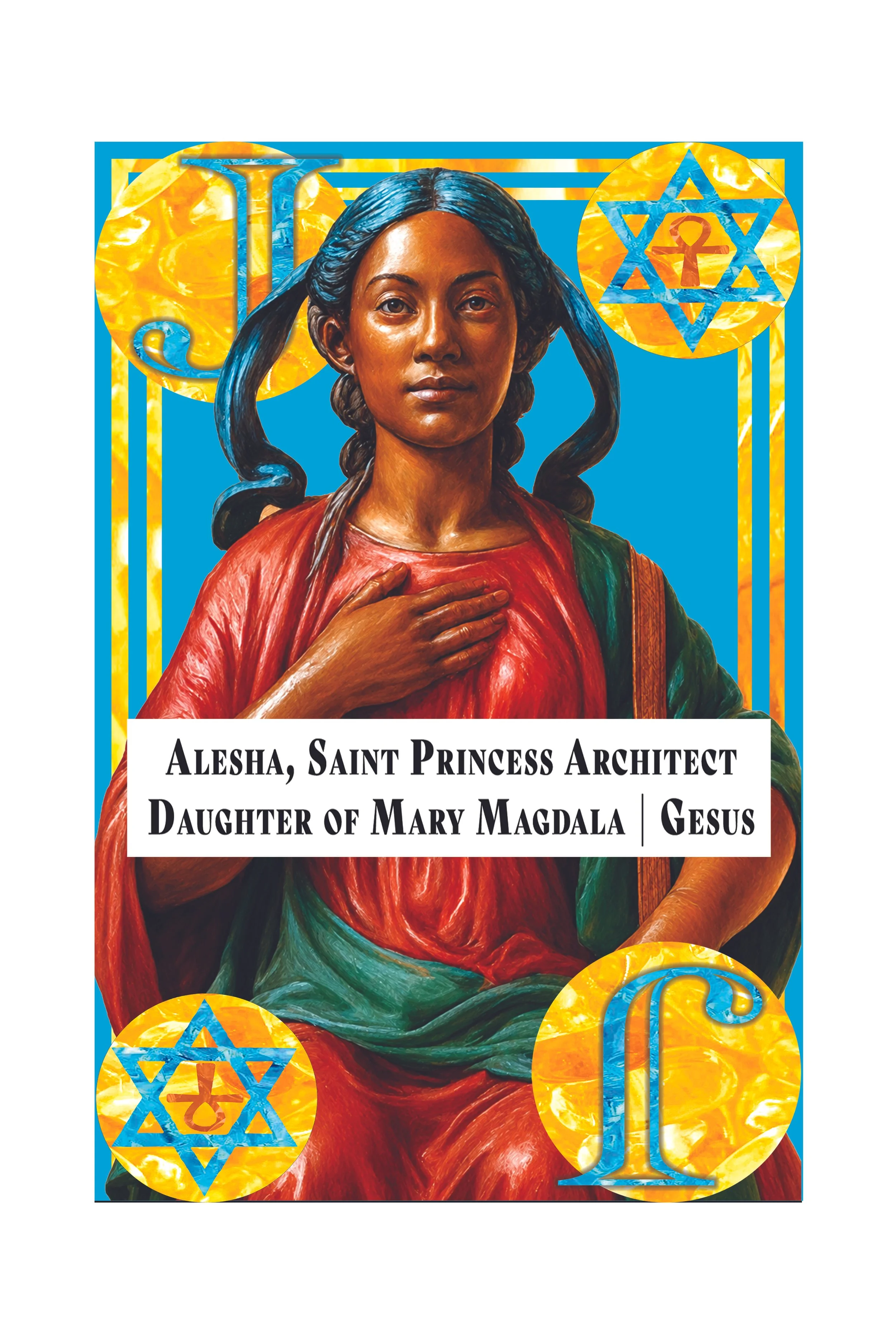 Colorful religious artwork of a woman with long dark hair wearing a red and green robe. She has her right hand on her chest. The background features Star of David symbols with an ankh inside, and decorative yellow and blue elements. Text at the botto