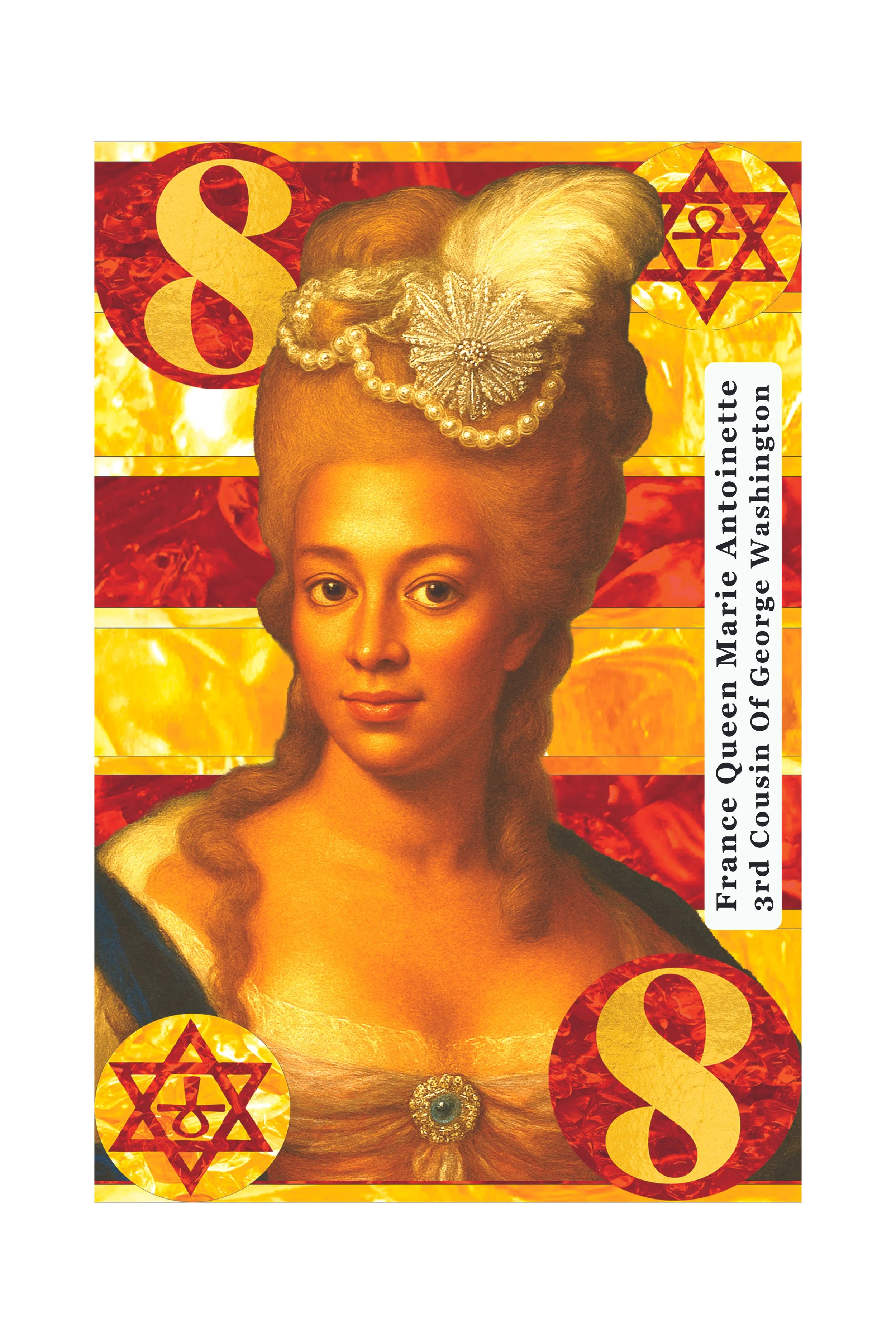 A poster featuring a portrait of a woman with an elaborate hairstyle adorned with jewelry, set against a red and yellow background with stars and dollar signs.