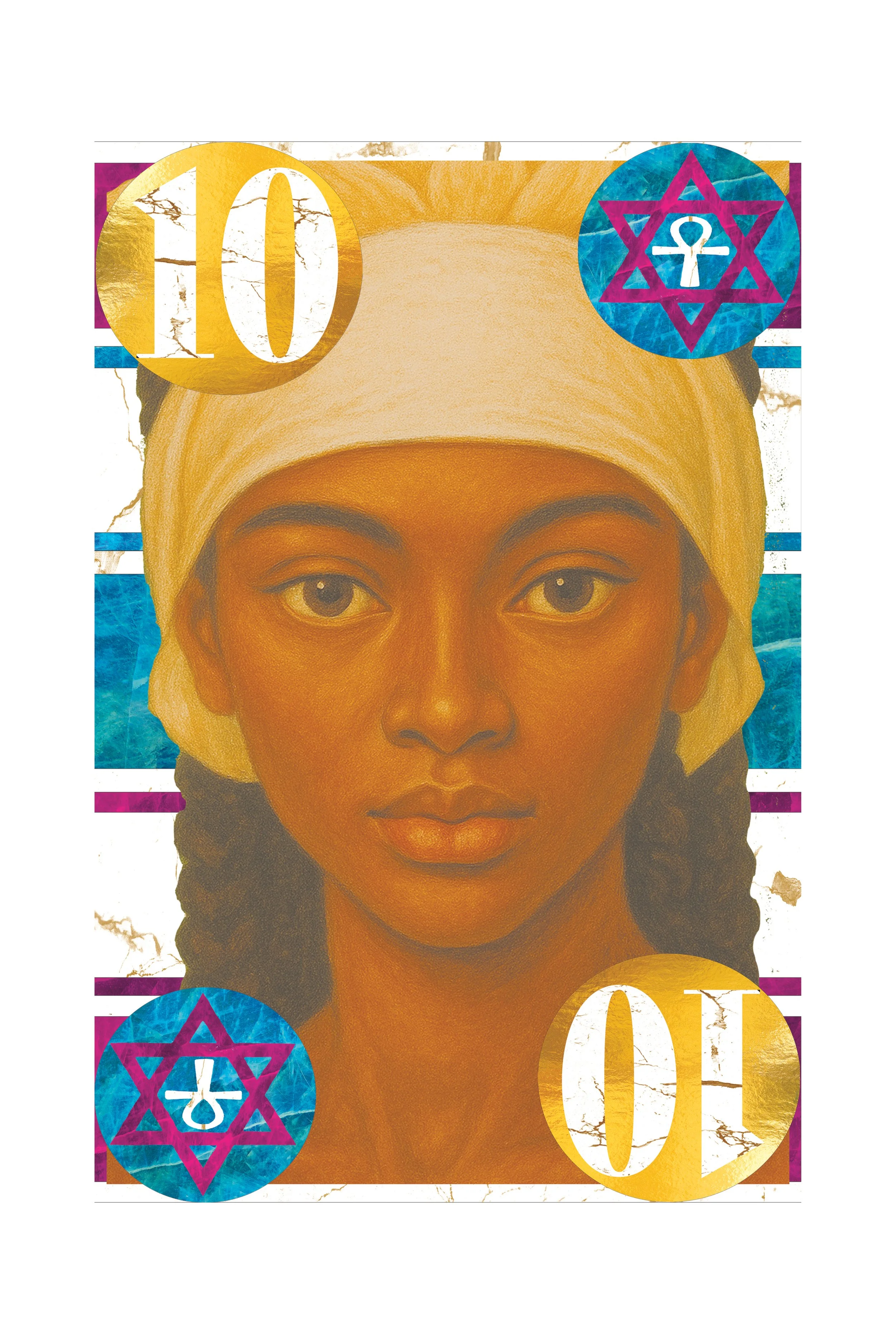 Artwork featuring a woman with medium brown skin and dark hair, wearing a yellow headwrap, with colorful spiritual symbols and the words 'LOVE' and 'OT' around her face.