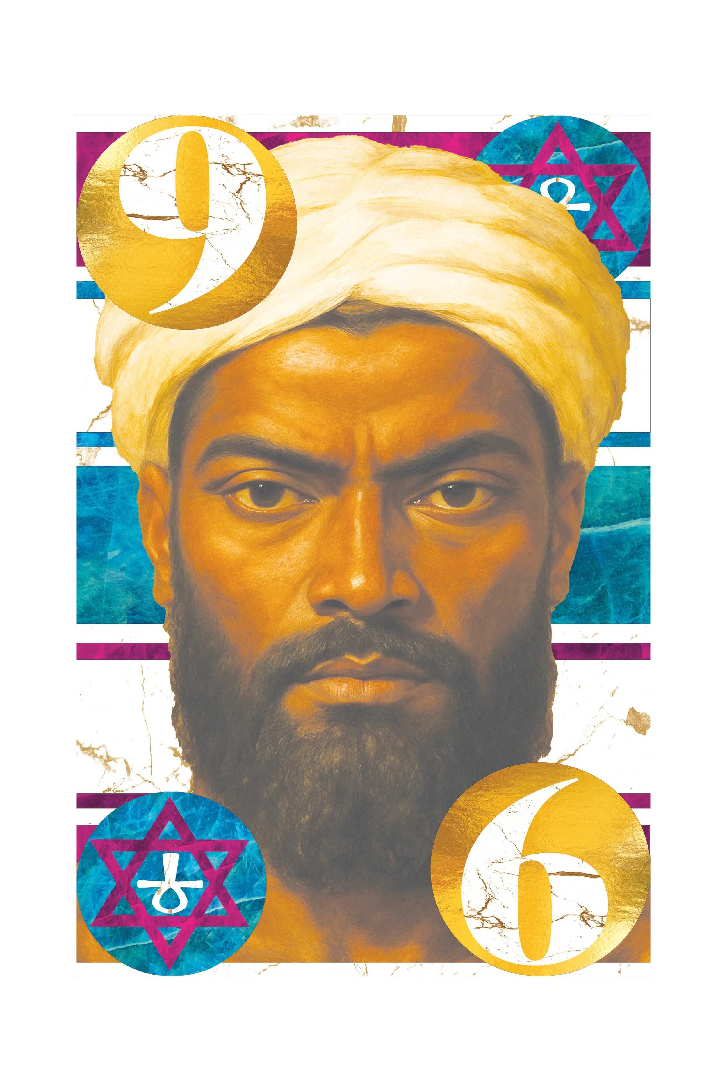 A digital artwork featuring a person's face with a turban, with graphic elements including numbers, symbols, and colorful designs surrounding the face.
