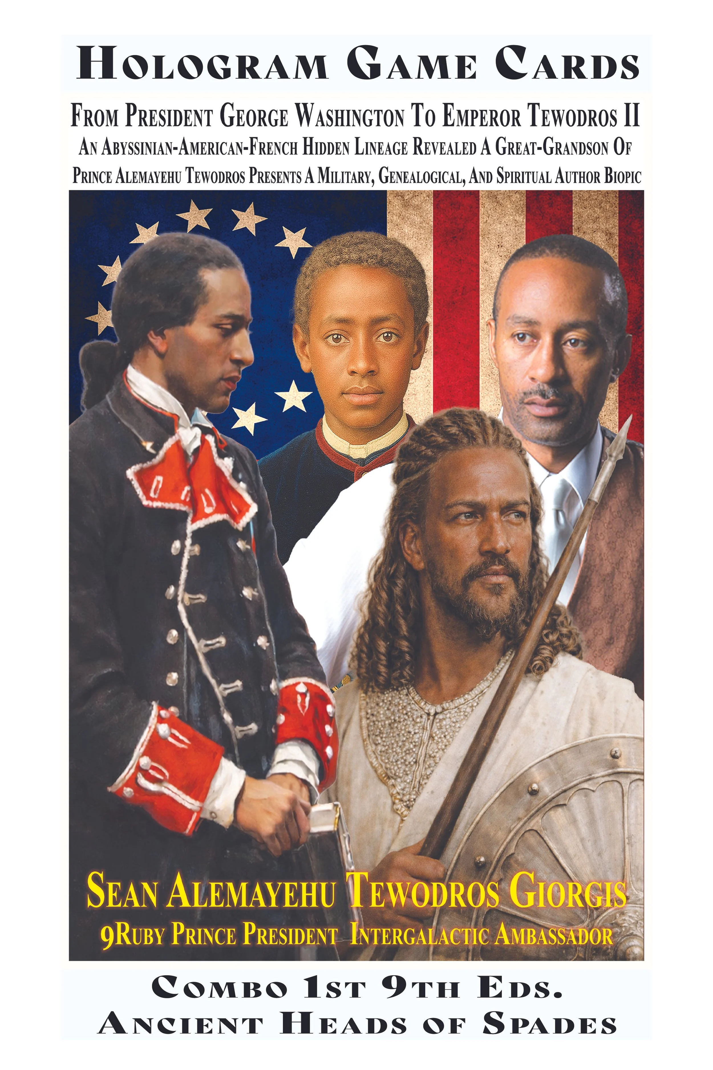 Poster featuring historical figures from various eras, including a man in colonial military uniform, a young boy, a man with a spear and shield, and a man with long hair and beard. The background includes an American flag, with text promoting a game related to American history and mythology.