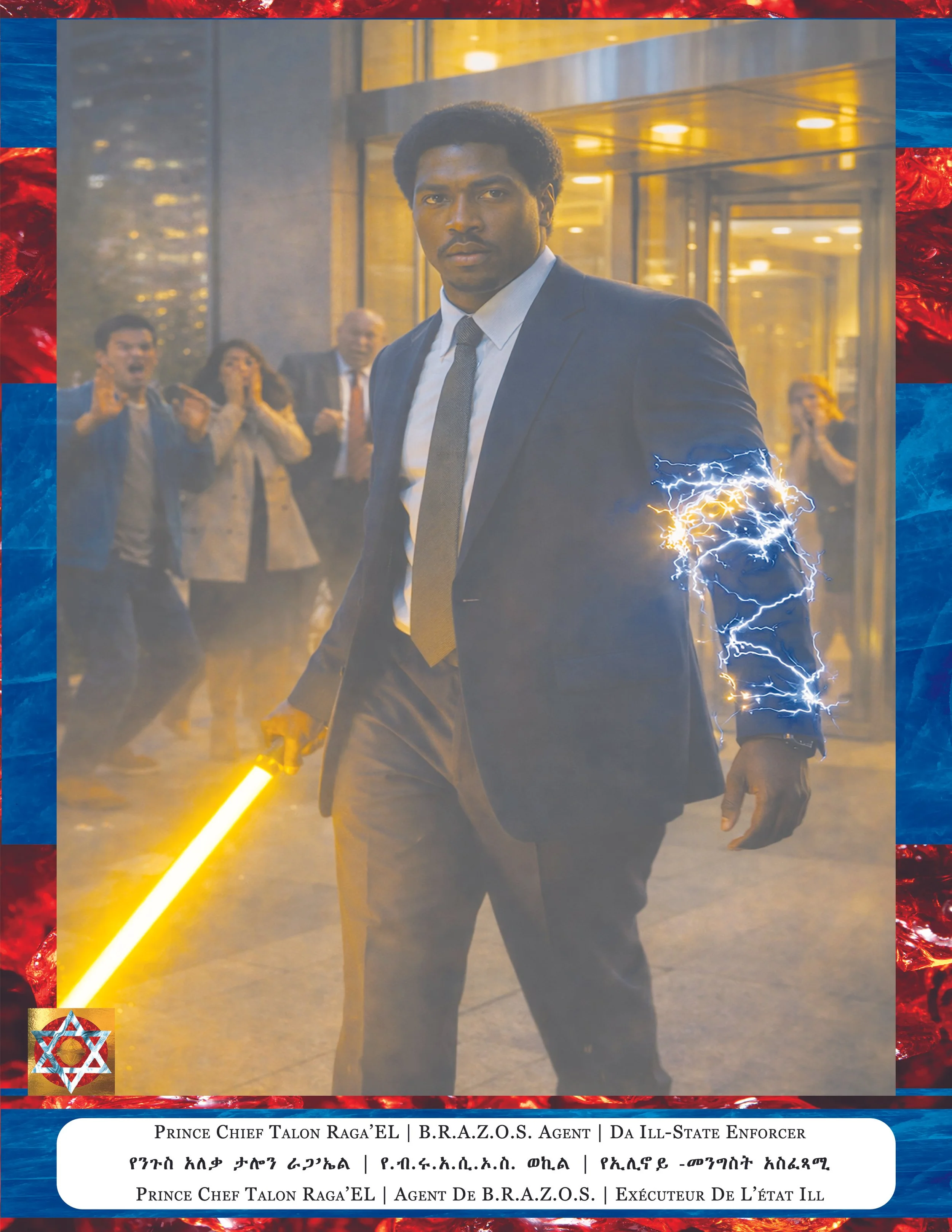 A man in a suit standing with lightning emanating from his right arm, in front of a group of people reacting in shock, in an urban setting with glass buildings.