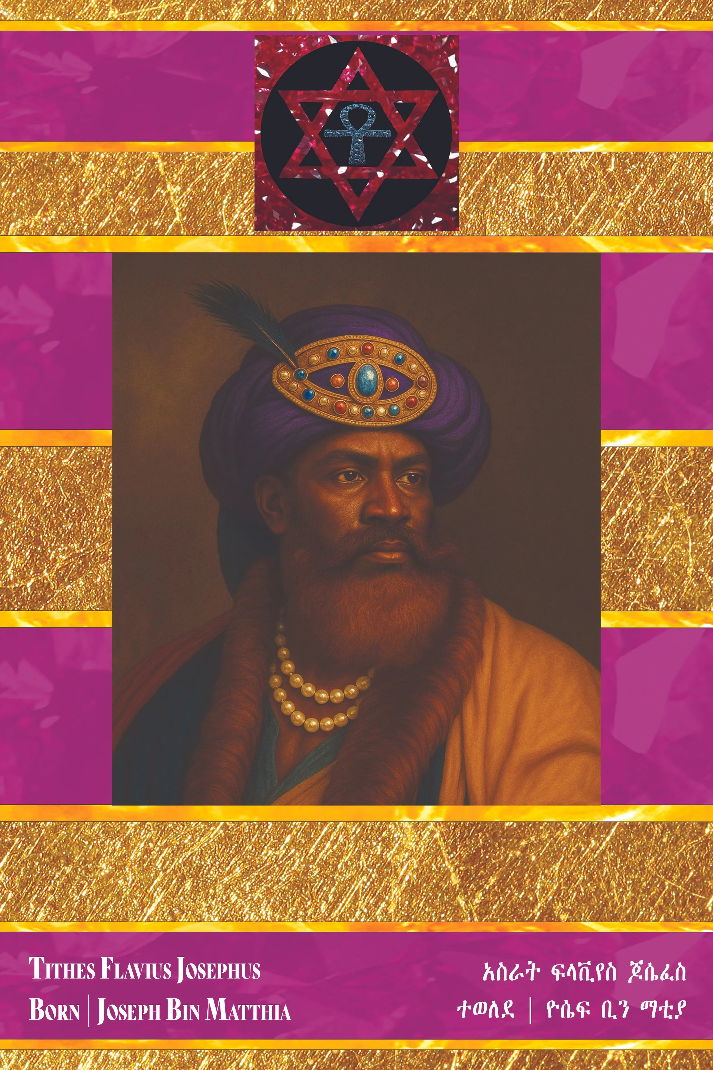 Portrait of a man with a regal appearance, wearing a large purple turban adorned with a jewel and feather, and layered pearl necklaces. The background features a decorative red, black, and gold design with an ankh symbol and a Star of David. The bord