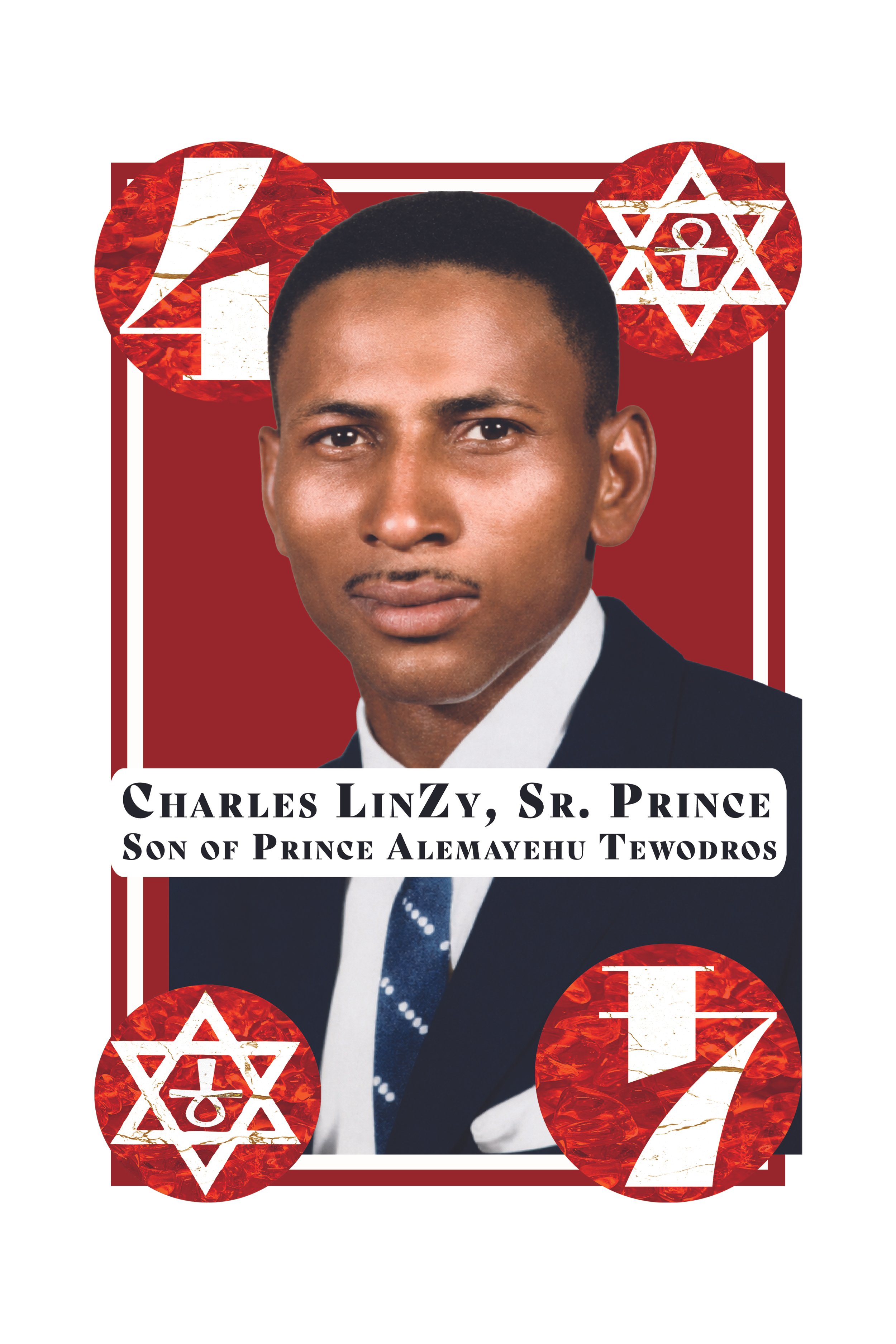 A portrait of Charles Linzy, Sr. Prince, wearing a suit and tie, set against a red background with Star of David symbols and the number 7 in a circular design.