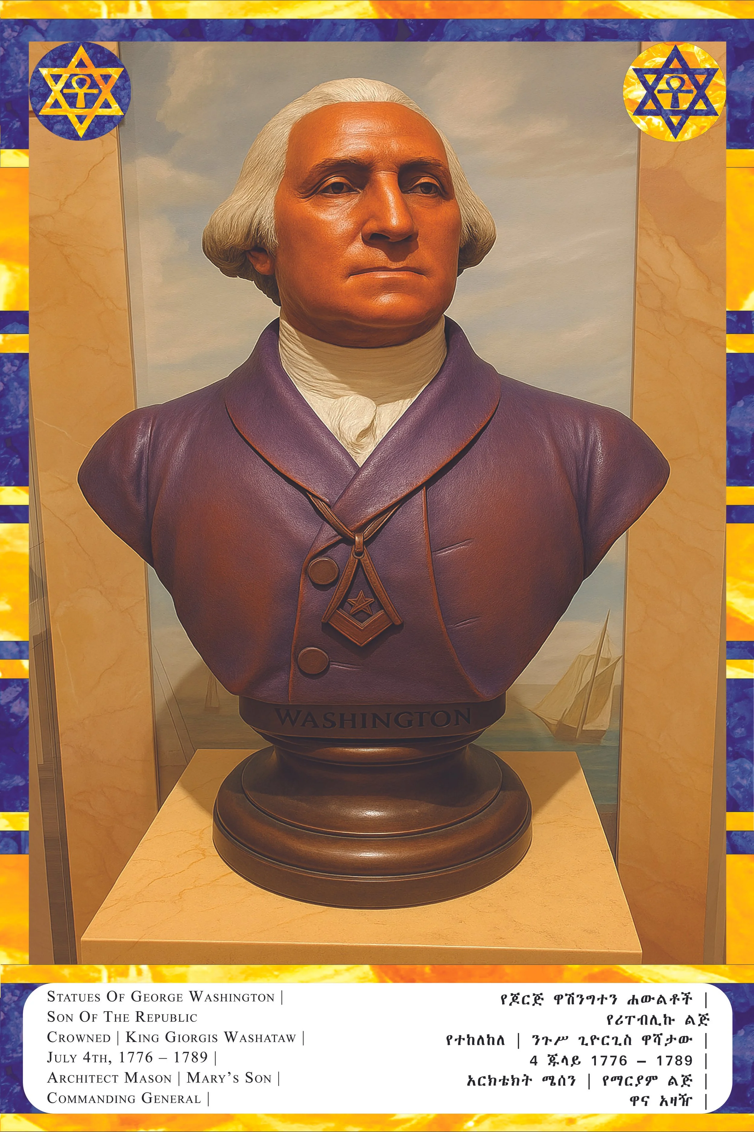 Bust statue of George Washington, the first U.S. president, displayed on a pedestal with an inscription underneath, with a background of a sky and sailing ships at sea. Decorative borders with patriotic symbols and flags surround the image.