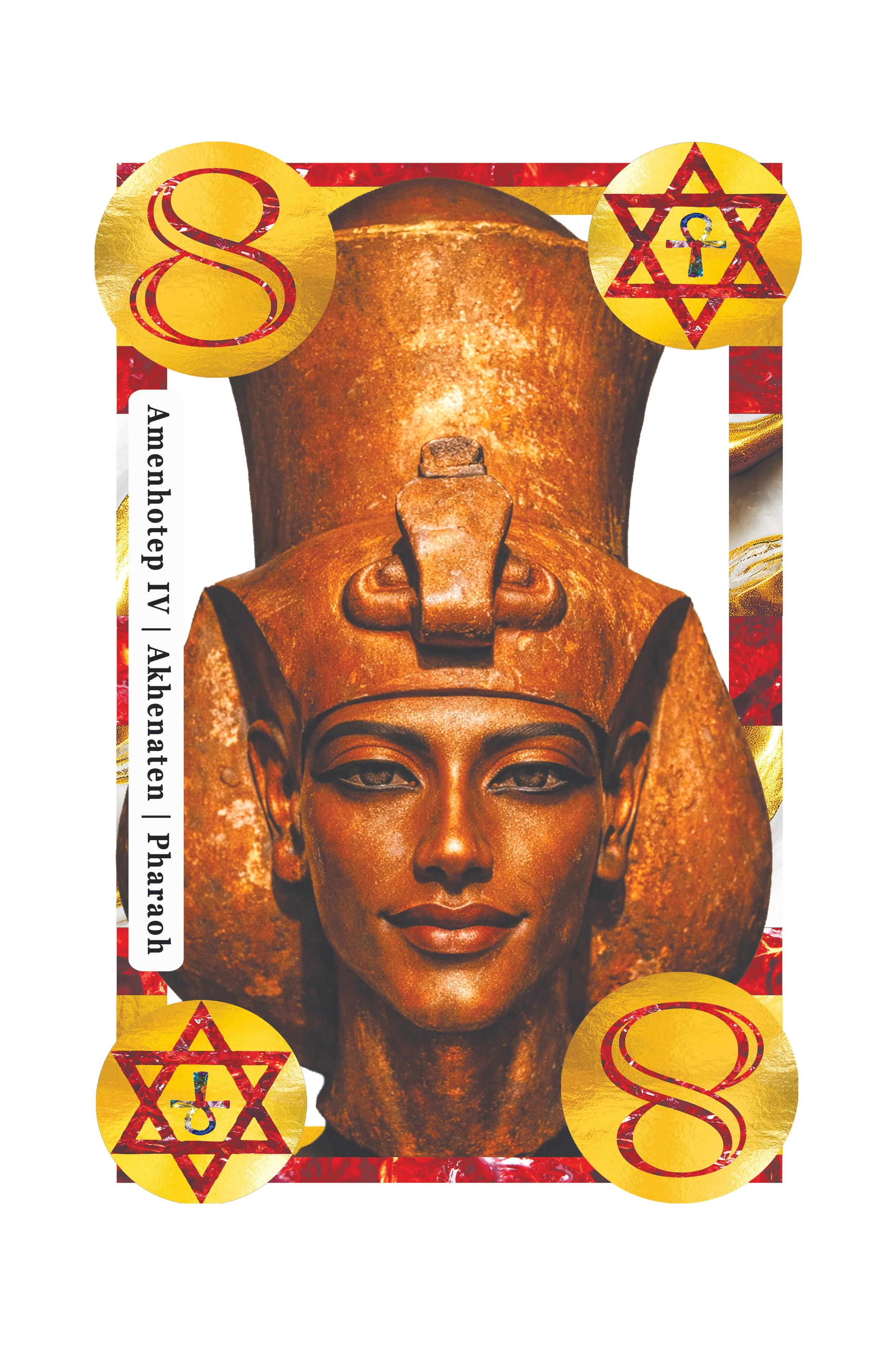 Colorful decorative banknote featuring a golden bust of an ancient Egyptian queen, with symbols and text related to the number 8.