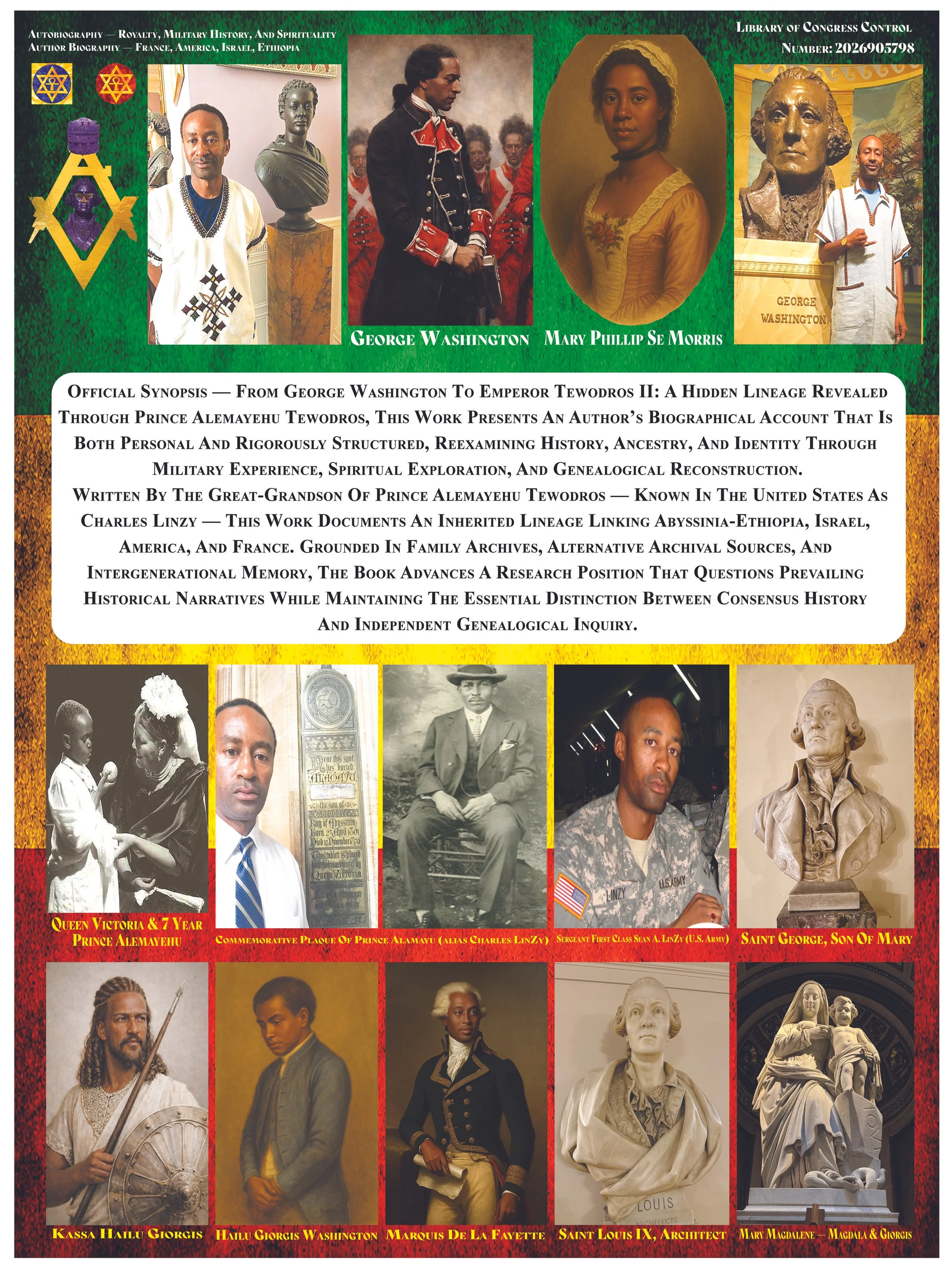 A collage featuring images of historical figures including George Washington, Mary Phillips Se Morris, Queen Victoria, Prince Alemayehu, Charles Linzy, Sergeant Sean A. Linzy, Saint George, Louis XIV, and Mary Magdalene. The background has decorative