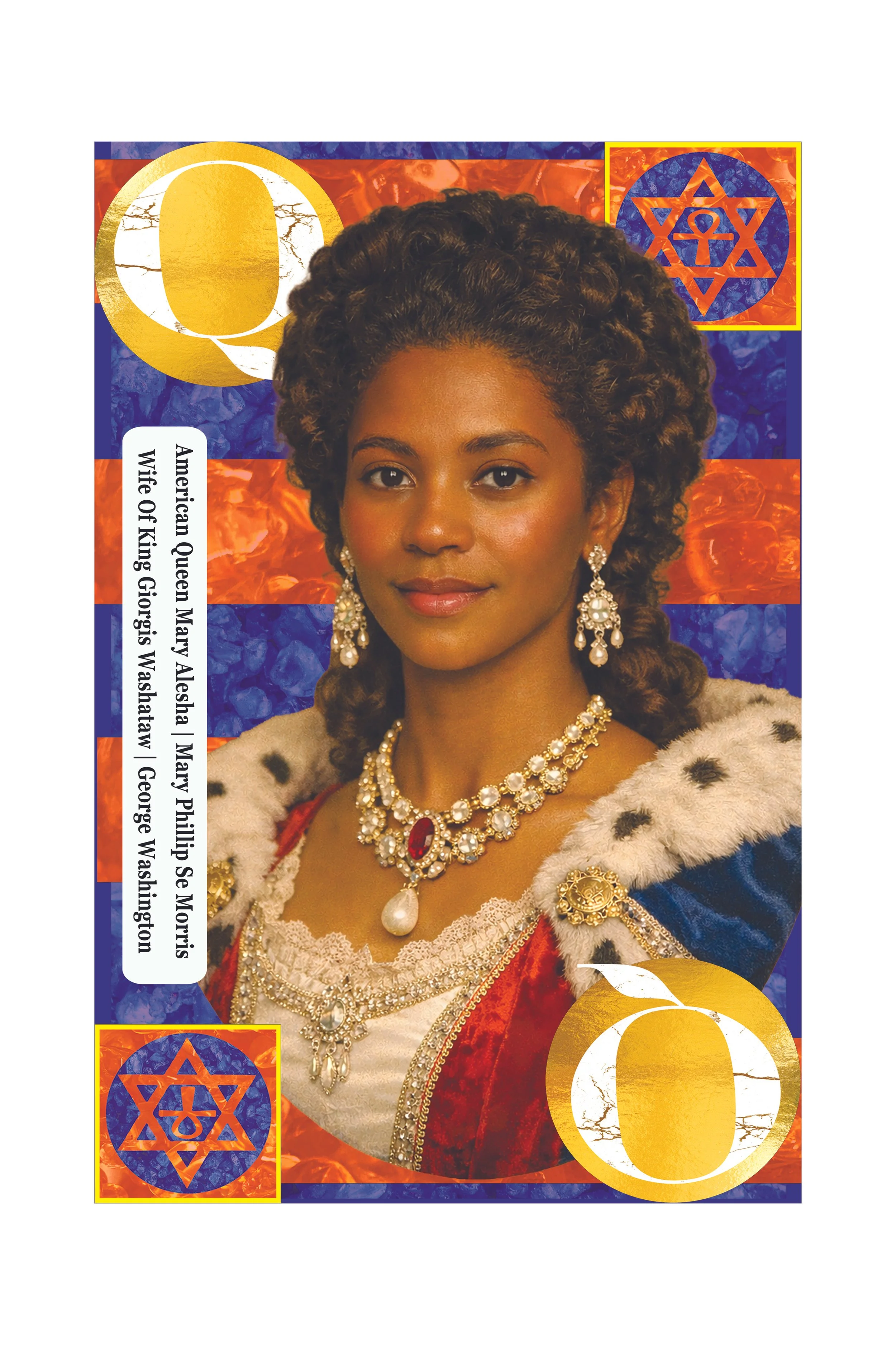 A woman dressed as a queen, adorned with jewelry, wearing a crown, with a regal dress, set against a background featuring symbols of the Queen of England and Jewish Star of David.
