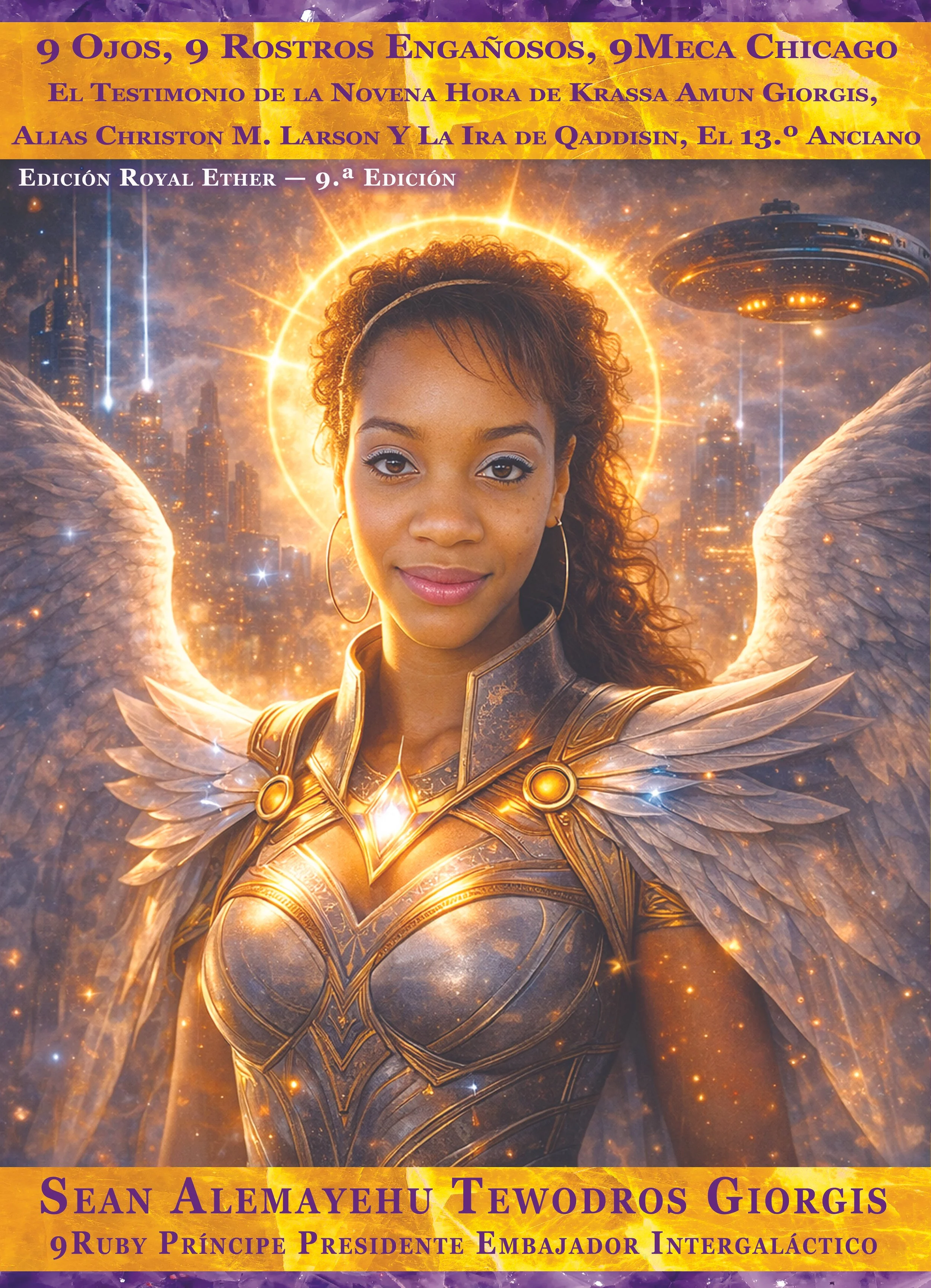 A celestial and futuristic scene depicting a woman with curly hair and angel wings, dressed in golden armor, with a glowing halo behind her head. In the background, there are city skyscrapers, stars, and a flying spaceship. The upper and lower border