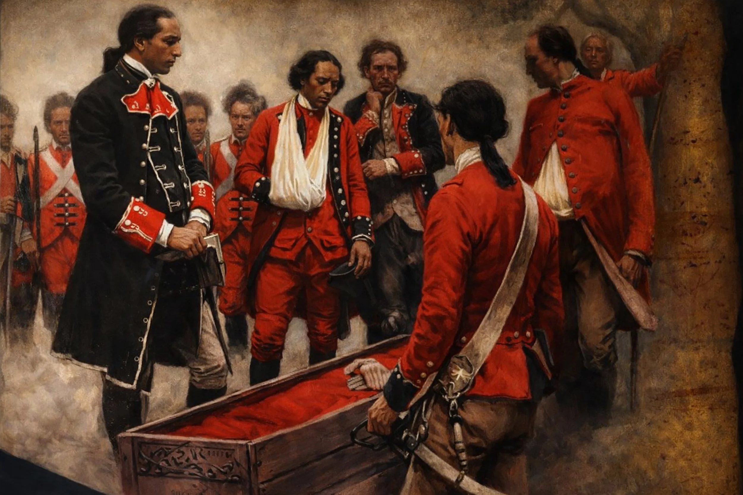 A historical painting depicting a group of men in colonial military attire. One man is kneeling with a box, others stand around him, some looking serious or contemplative. They are dressed in red, black, and beige uniforms, with some holding swords or weapons.