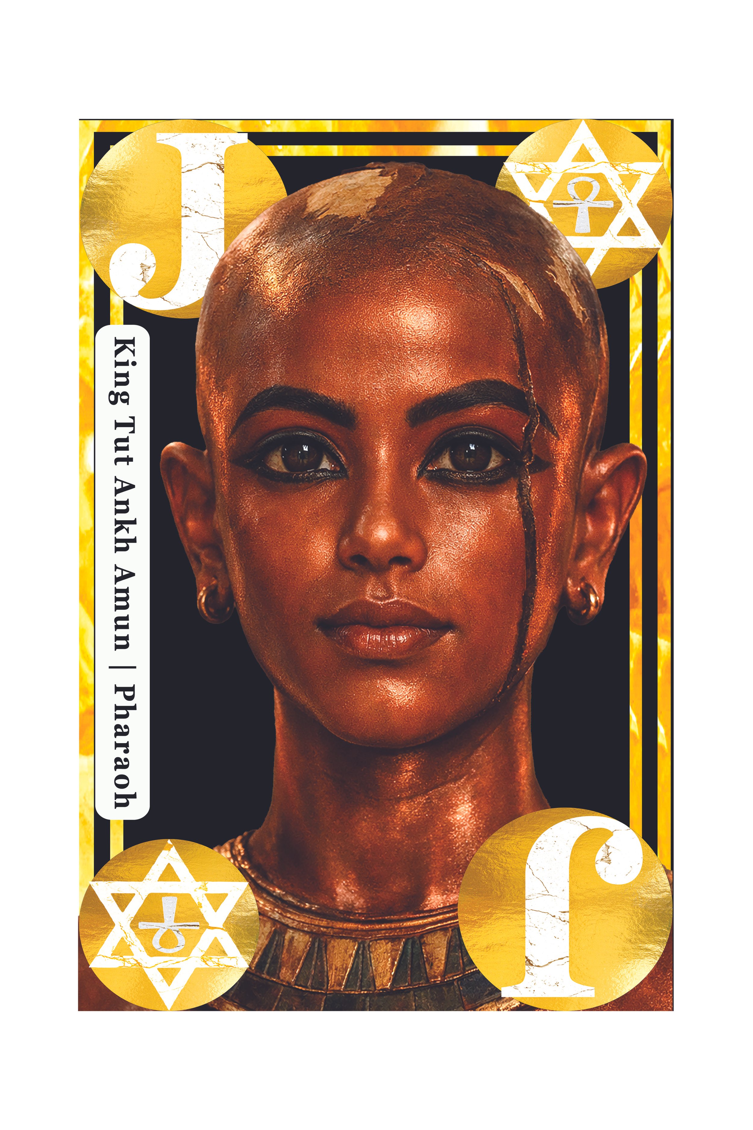 A portrait of a woman with dark skin, shaven head, and black eyeliner, surrounded by gold symbols and letters, including an 'A' and six-pointed stars with symbols inside, on a black and gold background.