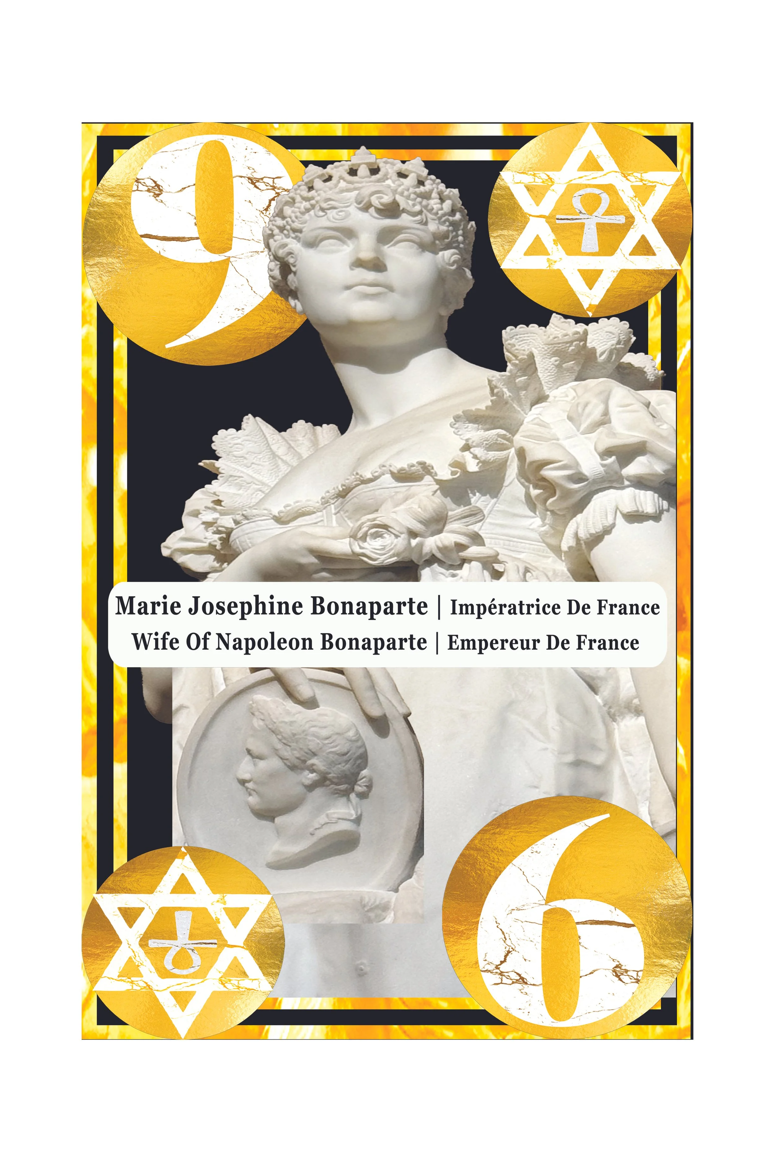 A collage featuring a white statue of a young woman with a crown and floral adornments, a profile bust of a woman with a medal, and various gold numbers and symbols, including the number zero and Zion symbols.