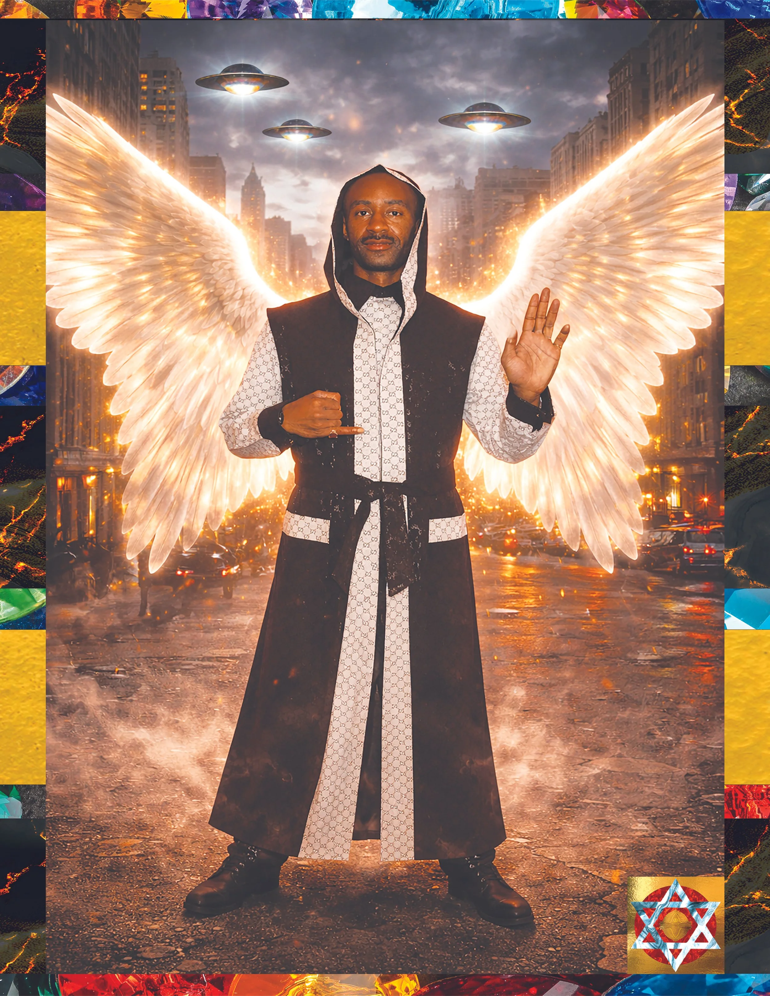 A person dressed in a patterned shirt and long black coat with large white wings on their back, standing in an urban street with a futuristic cityscape background and flying saucers above, giving a celestial or angelic appearance.