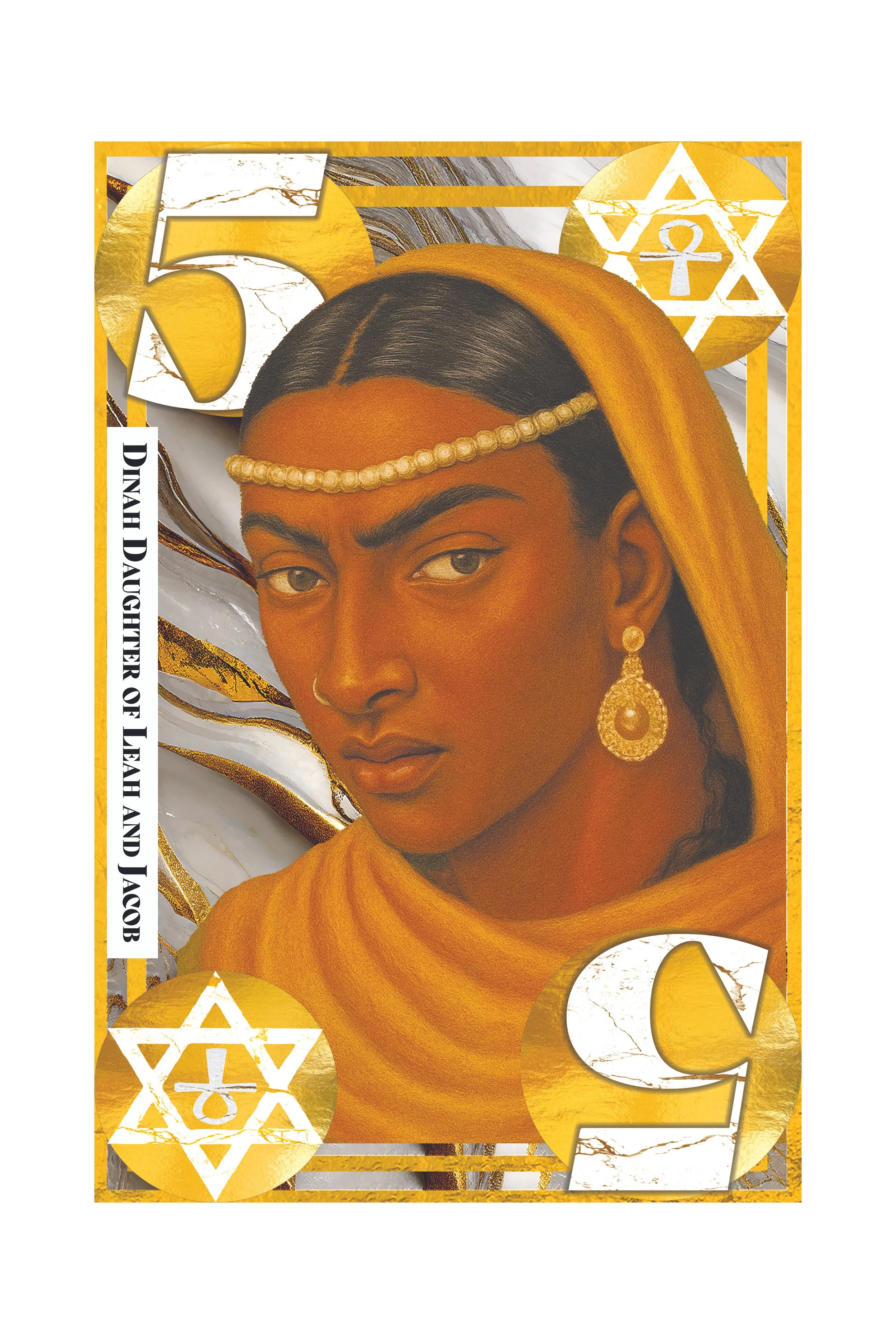 A colorful illustration of a woman with dark hair, gold jewelry, and a yellow headscarf, surrounded by gold and white geometric patterns and text.