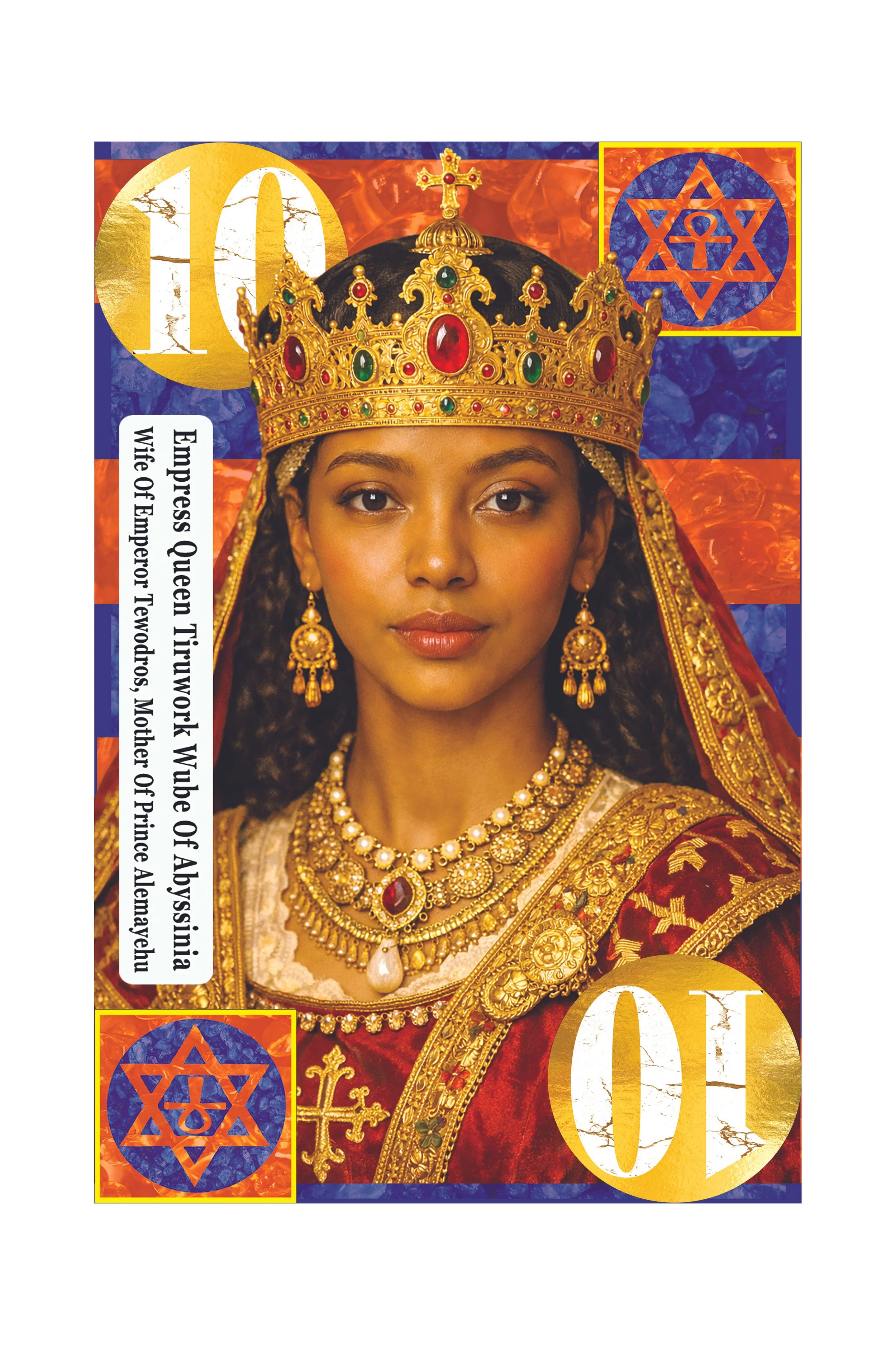 A woman dressed in ornate red and gold royal attire, wearing a crown and jewelry, with a background featuring the number 10 and symbols of the Jewish Star of David.