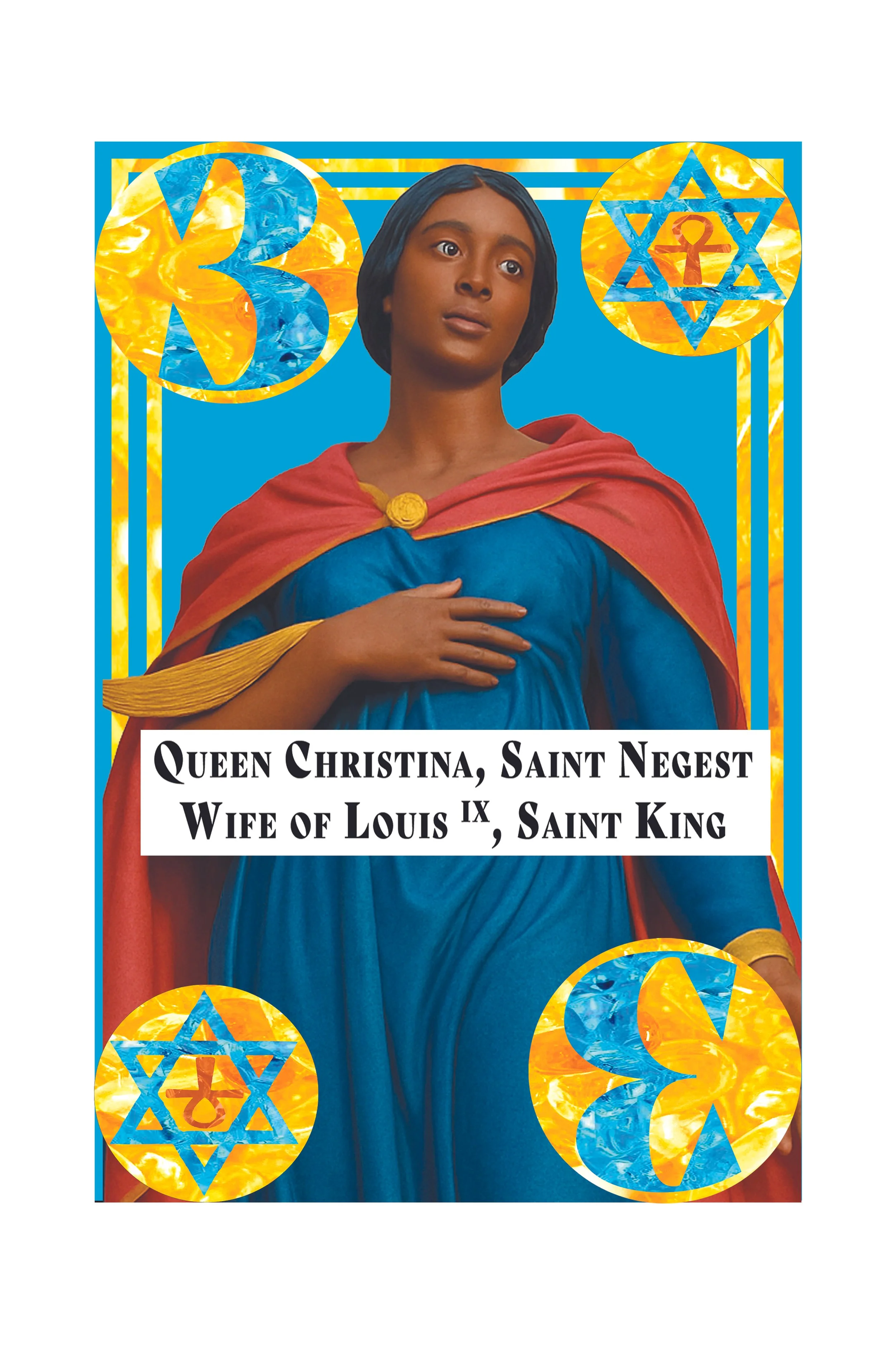 Religious-themed artwork featuring a woman in a blue dress and red cape, with various symbols including a Star of David and the Om symbol, and a text block describing Queen Christina, Saint Negest, Wife of Louis IX of Saint King.
