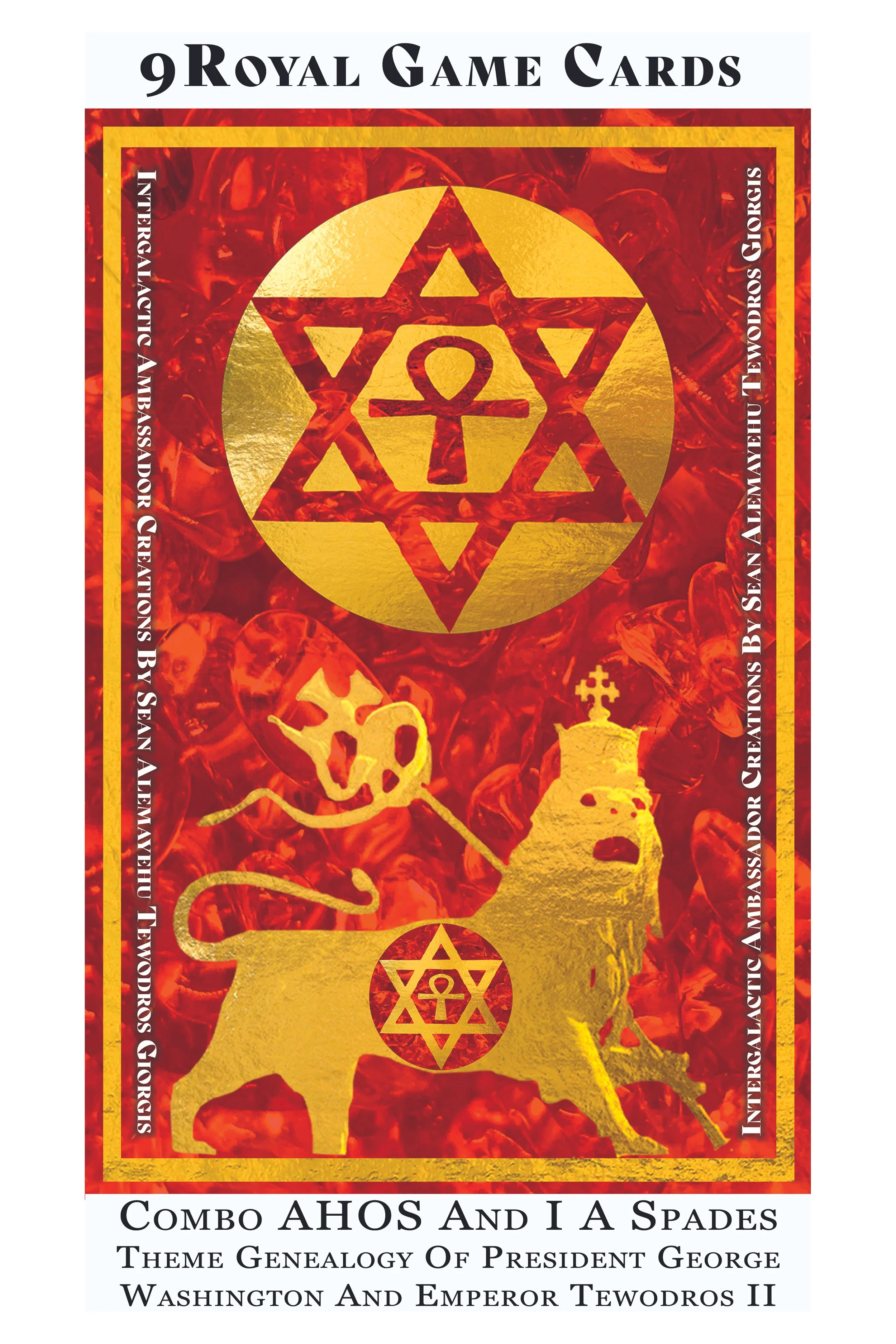 An image of a playing card game titled '9 Royal Game Cards' with a red and gold design, featuring various symbols and text about American history, presidents, and empires.
