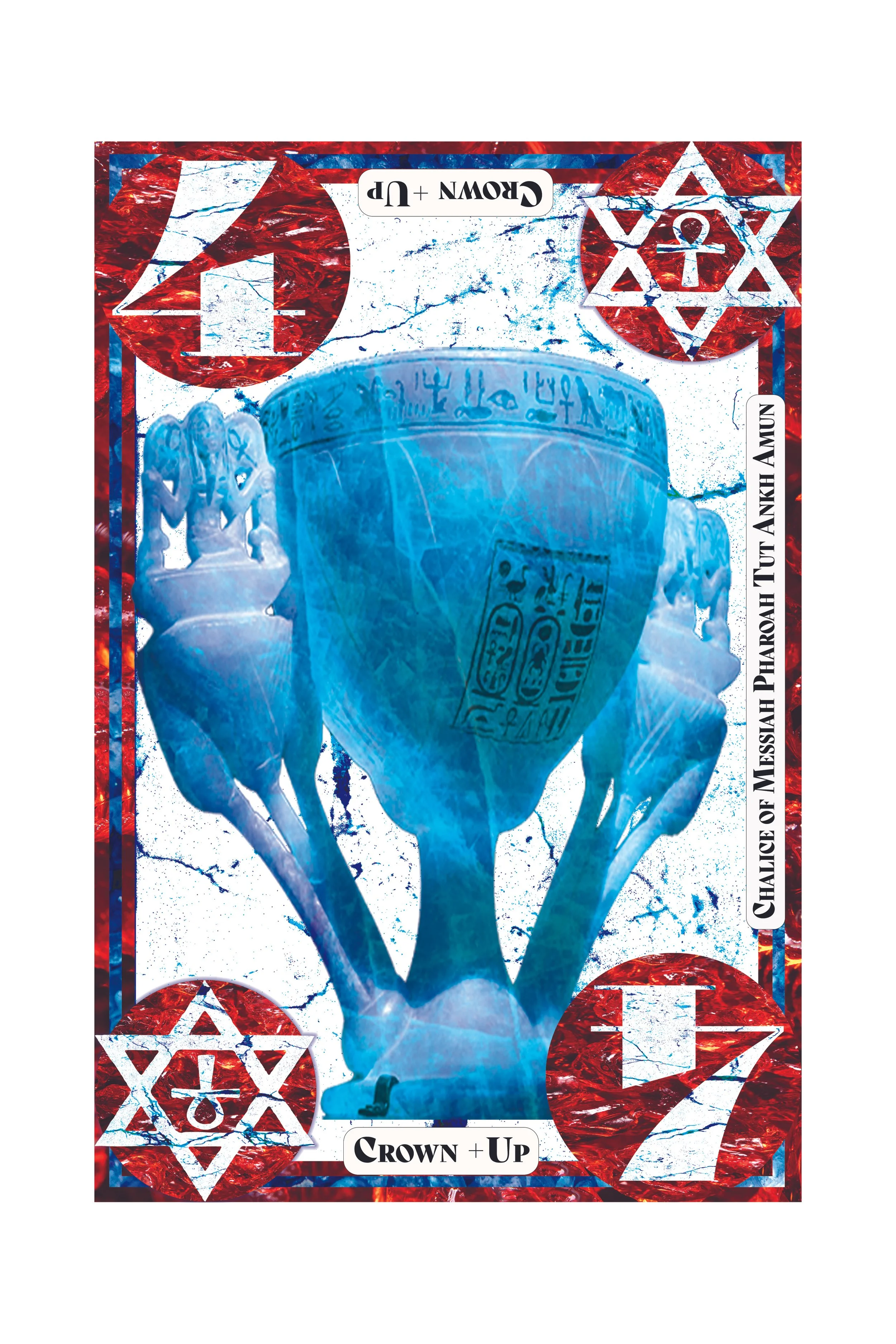 A playing card featuring a blue-tinted illustration of an Egyptian sphinx with hieroglyphs on its neck, set against a background with red, white, and blue decorative elements, including stars and an anchor symbol.