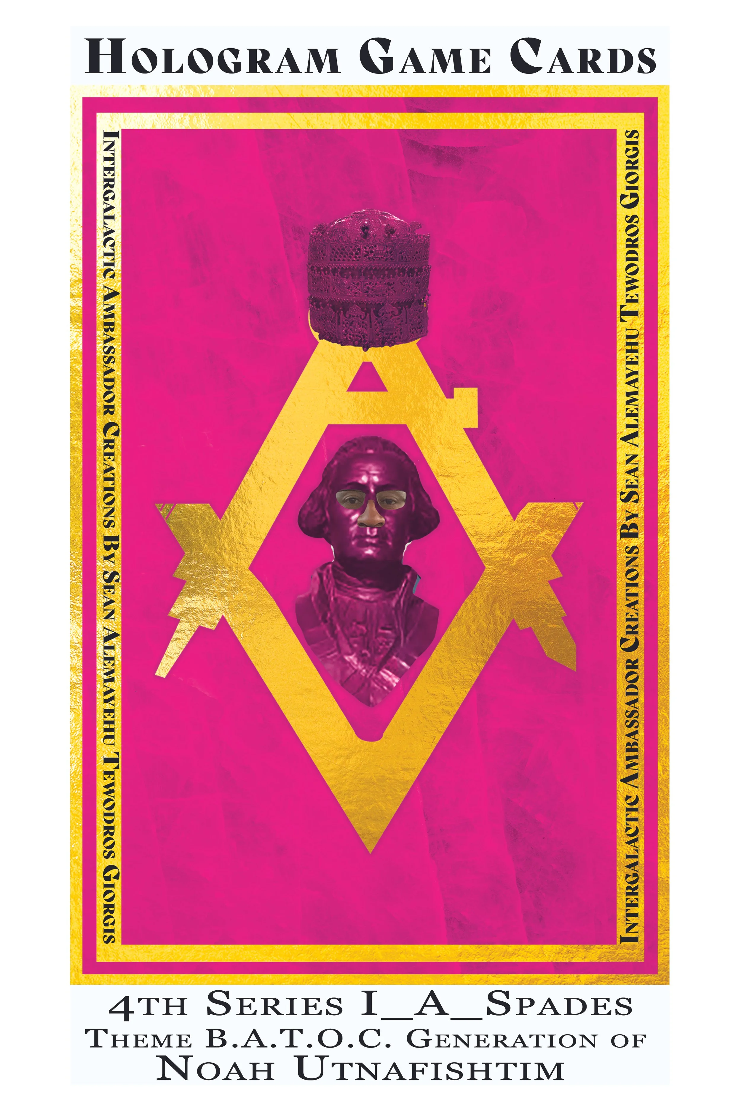 Cover of a hologram game cards set titled '4th Series I_A_Spades' with a pink background, gold and purple border, featuring a purple bust of a historical figure at its center, and a small ornate purple crown above the figure's head.