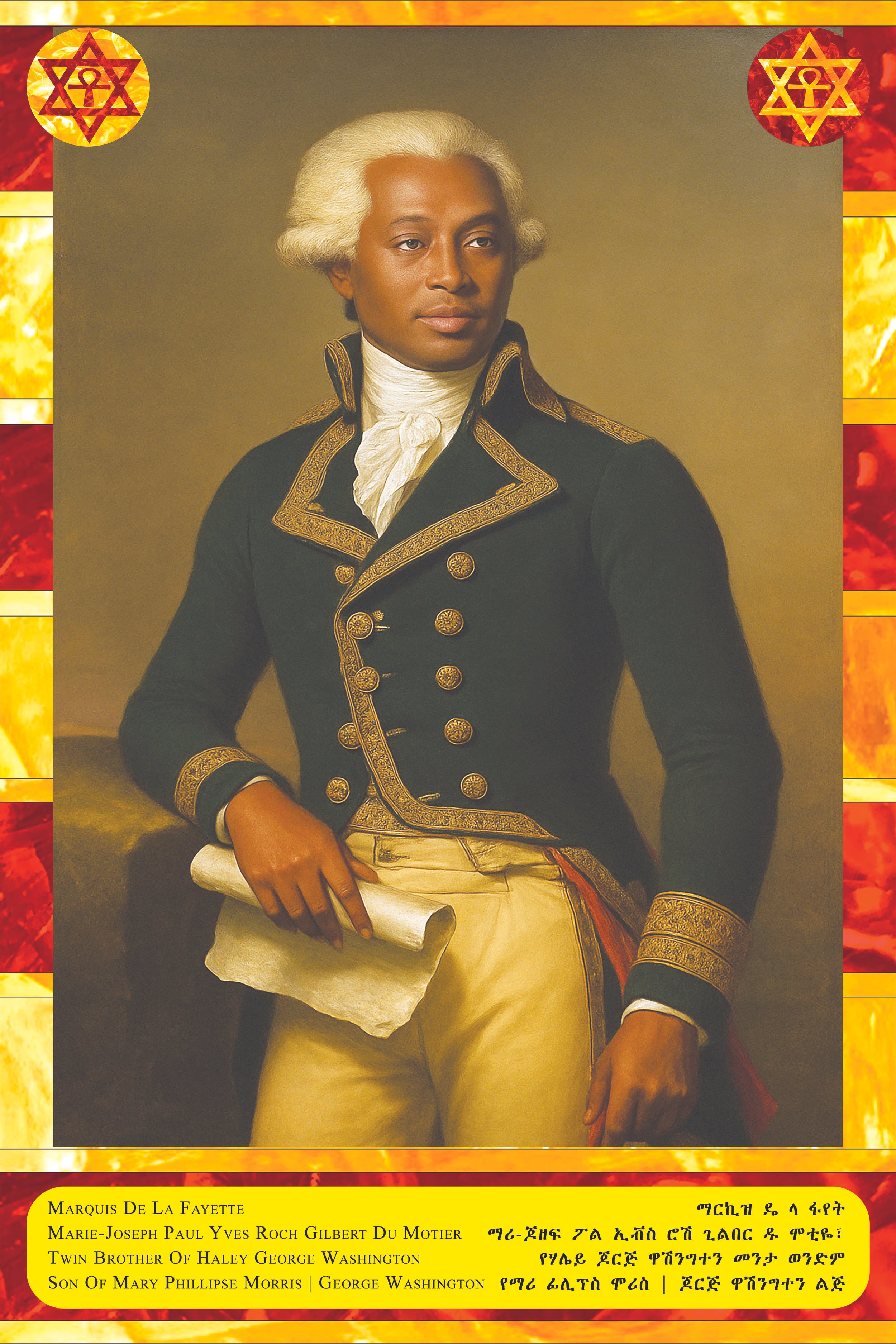 Painting of Marquis De La Fayette dressed in 18th-century military uniform with white hair, holding a scroll, and a background with decorative borders and symbols.