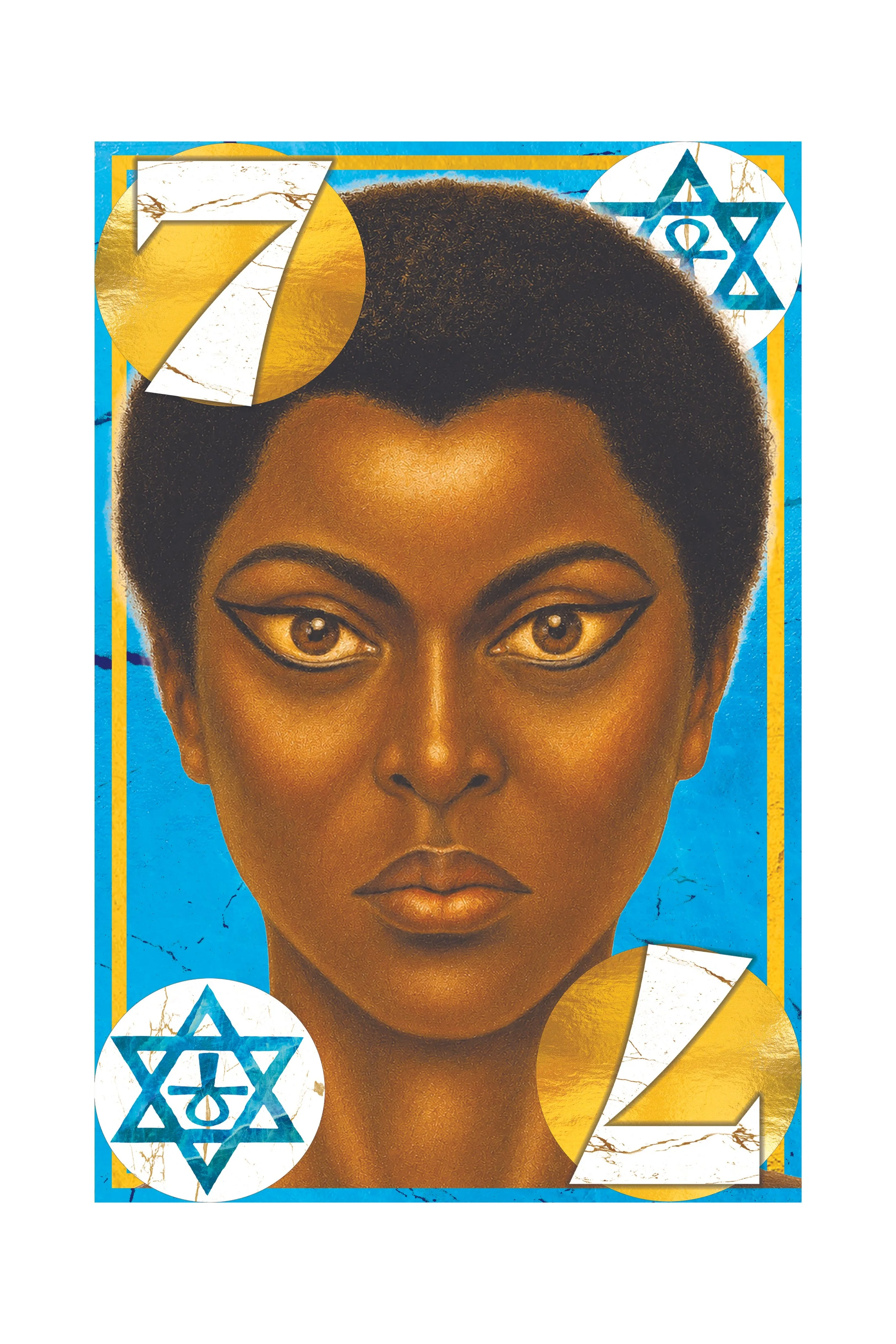 A digitally illustrated portrait of a woman with dark skin, short natural hair, and striking makeup, set against a blue background with gold and white accents, featuring symbols of the Star of David and other geometric shapes.