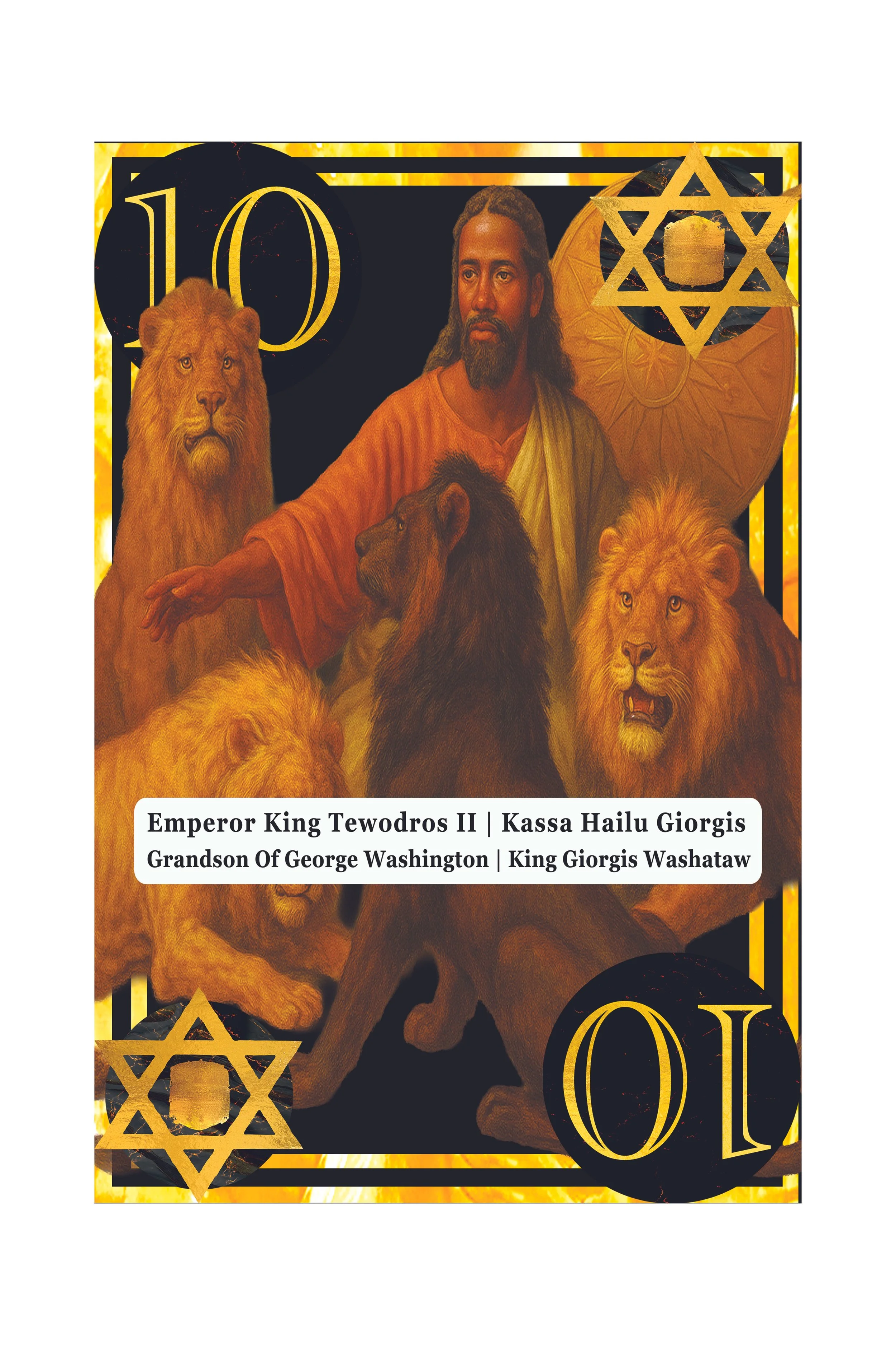 The image features a depiction of Jesus Christ surrounded by lions, with a golden shield and star symbols. It contains text referencing Emperor King Tewodros II and his grandson King Gorgis Washatw.